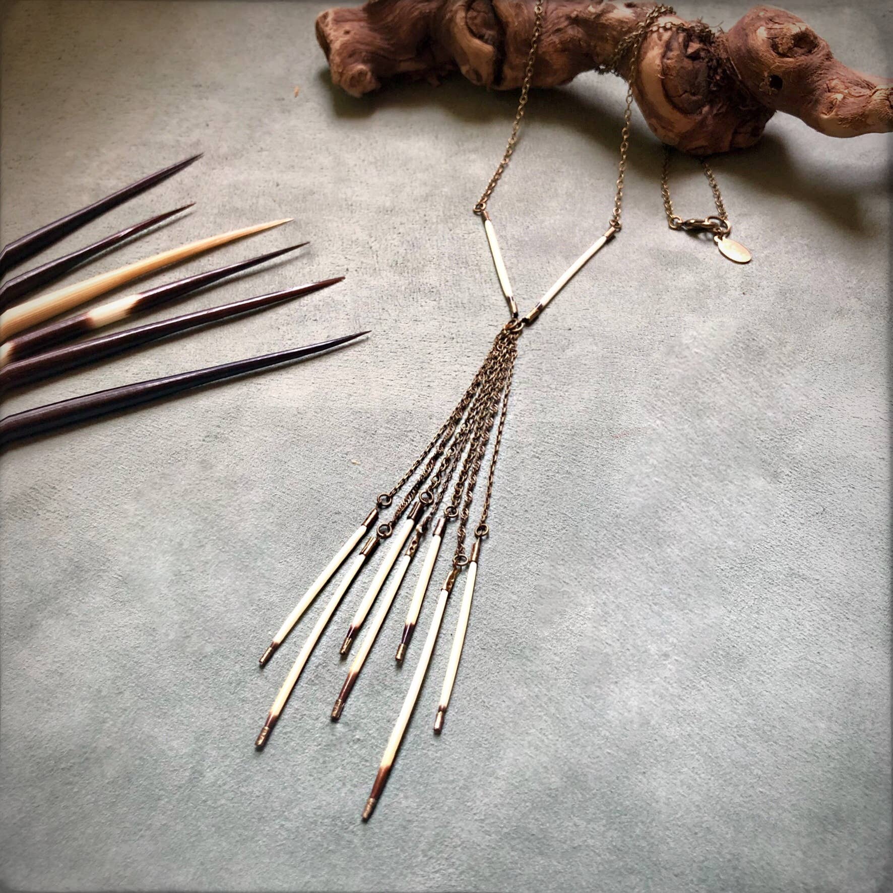 Porcupine Quill Fringe Necklace, Black/Brown & Ivory/White