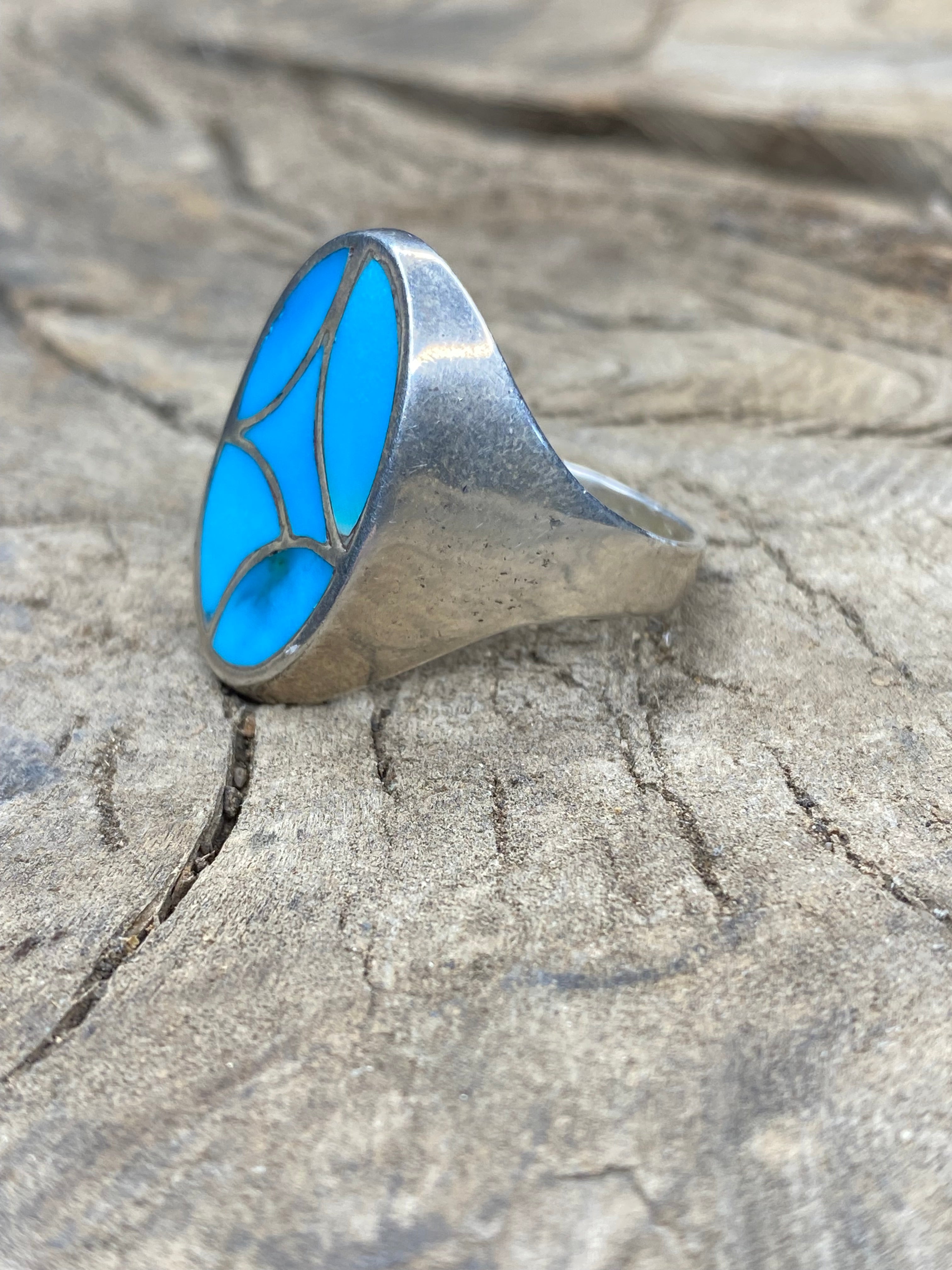 Vintage Turquoise Silver Inlay Men's Ring - Size 11