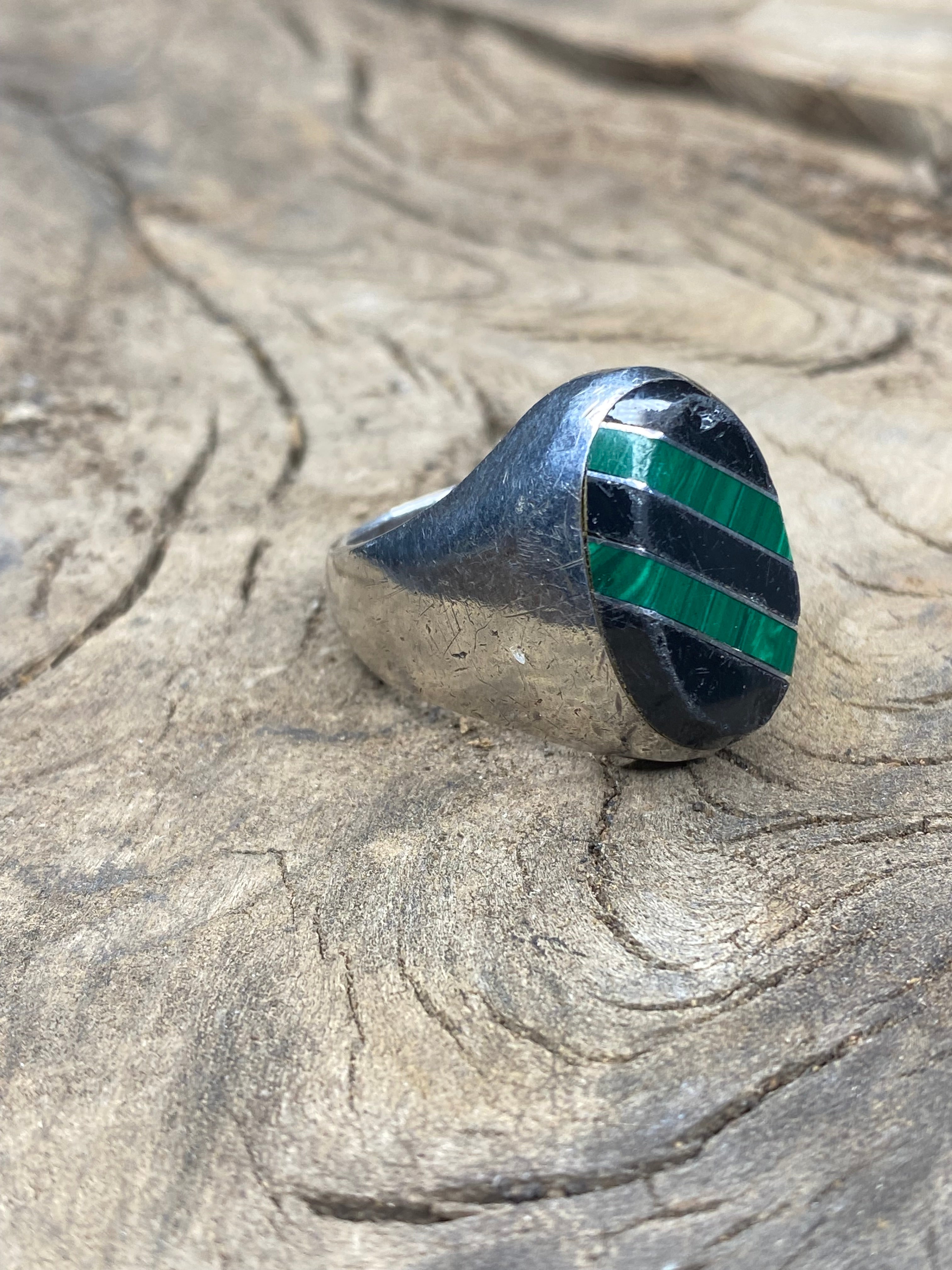 Vintage Onyx and Malachite Inlay Striper Silver Ring Size 10.5