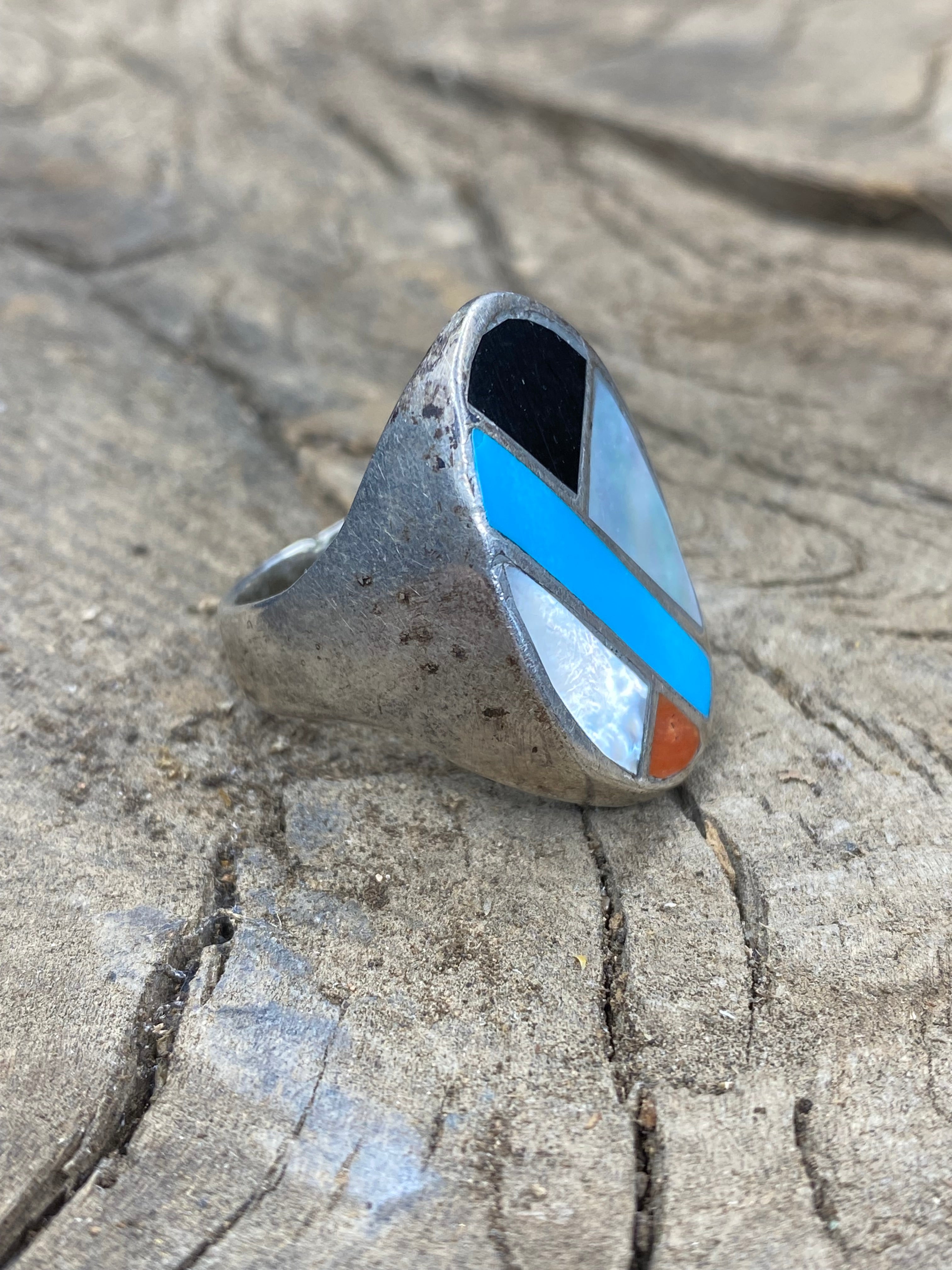 Vintage Turquoise and Multi-Stone Inlay Silver Men's Ring - Size 10.5