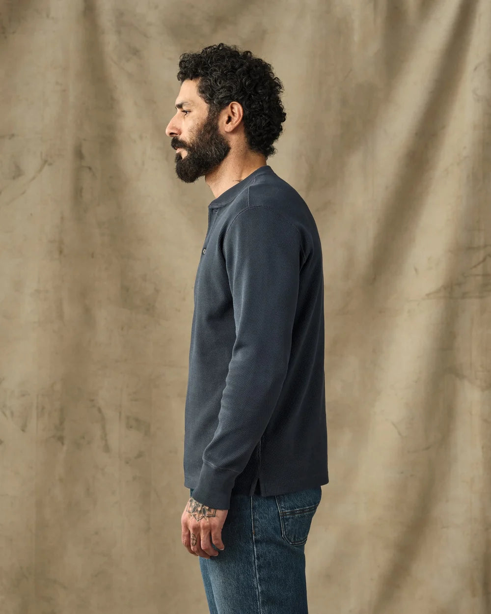 WAFFLE KNIT HENLEY - BLUE MUSSEL