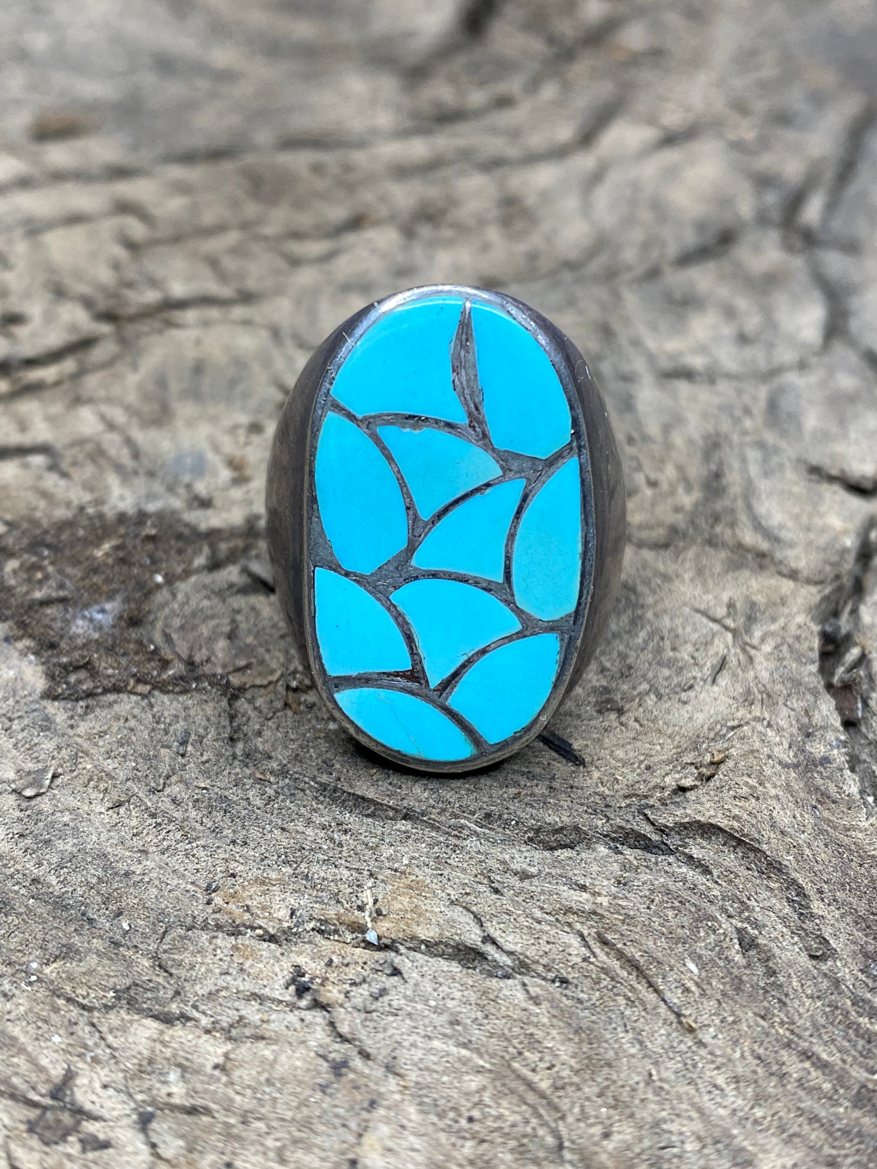 Vintage Turquoise Silver Inlay Men's Ring - Size 10