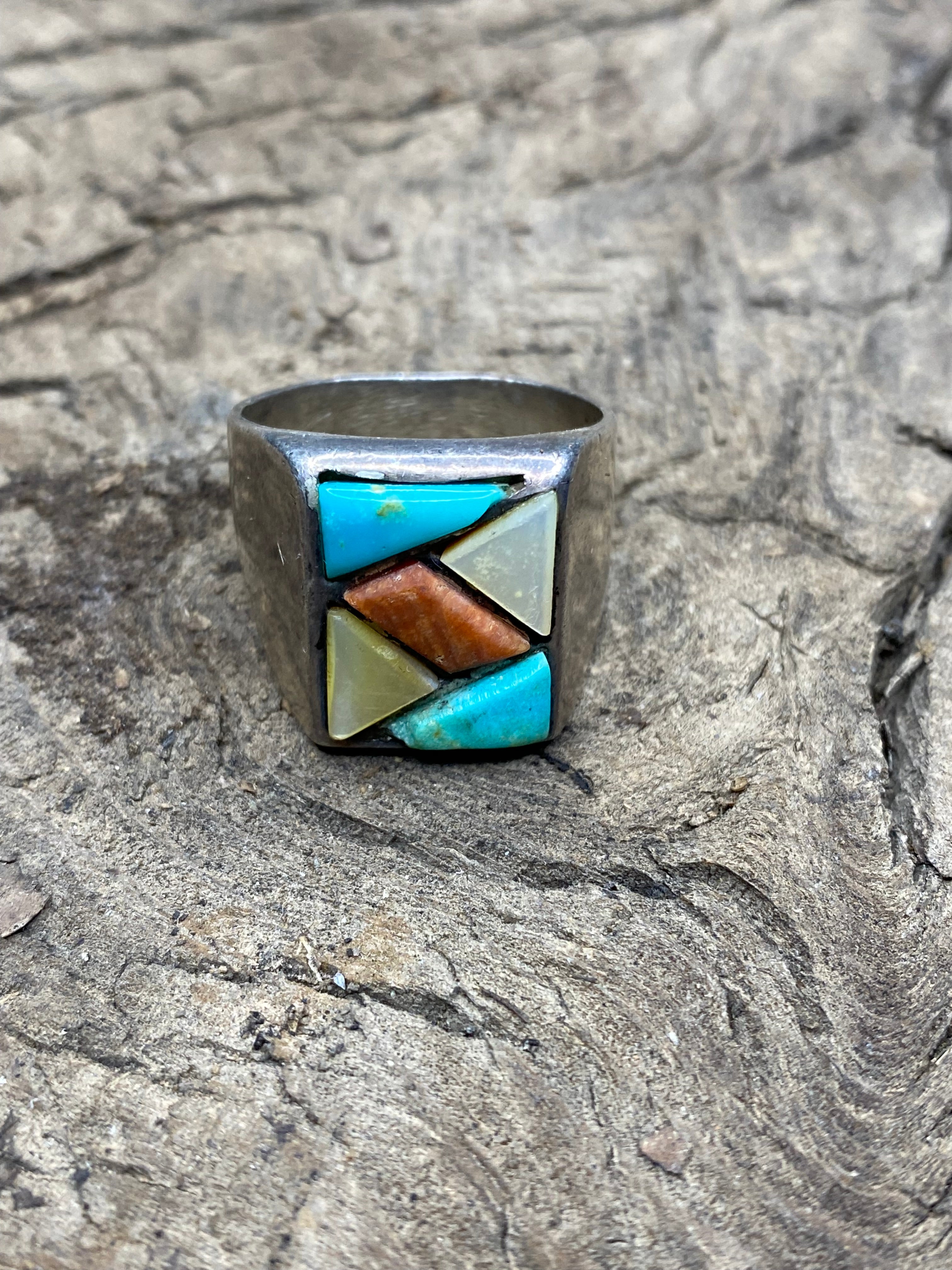 Vintage Turquoise and Silver Mixed Stone Men's Ring - Size 12