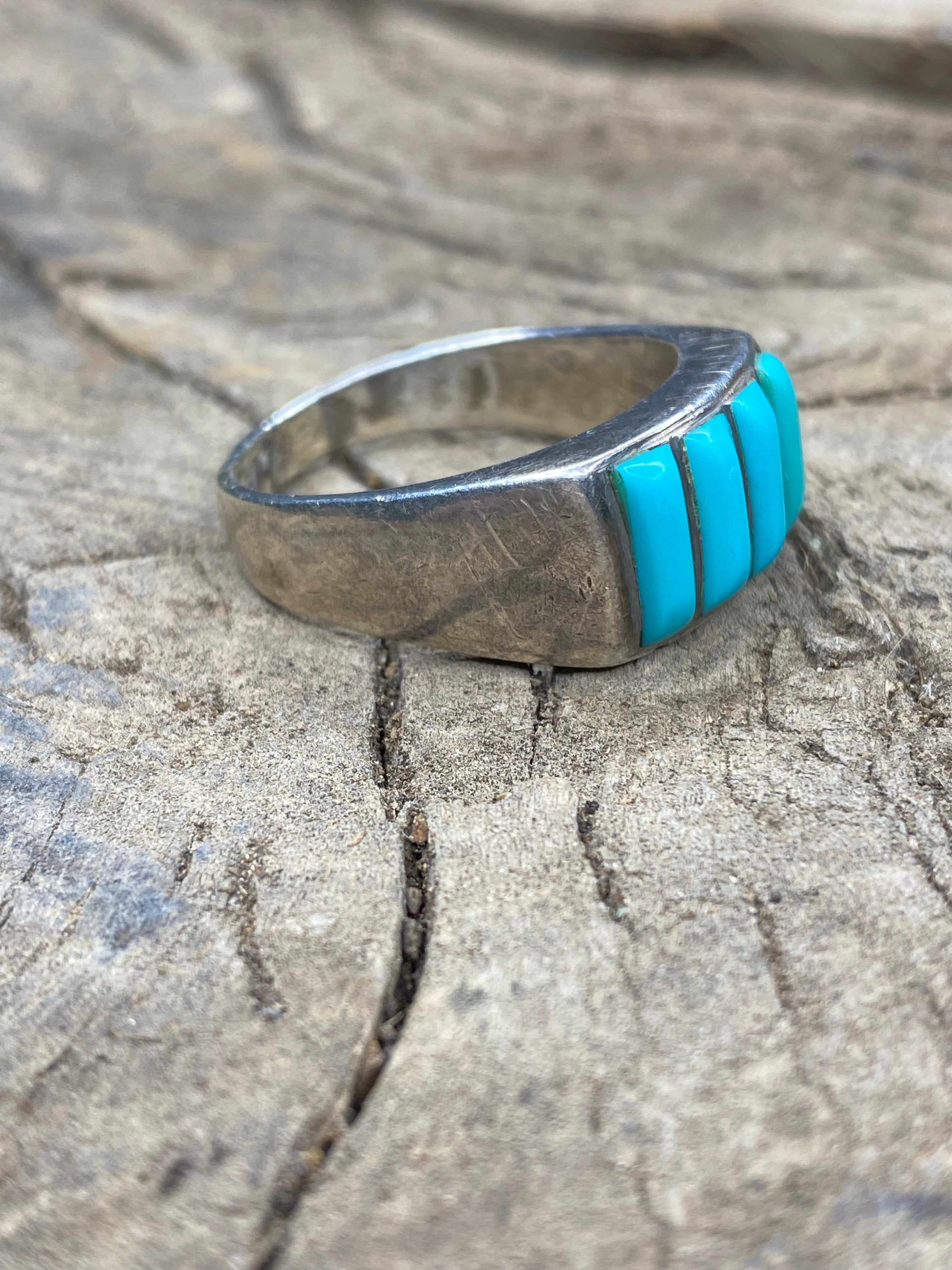 Vintage Turquoise Inlay Silver Men's Ring - Size 11.5