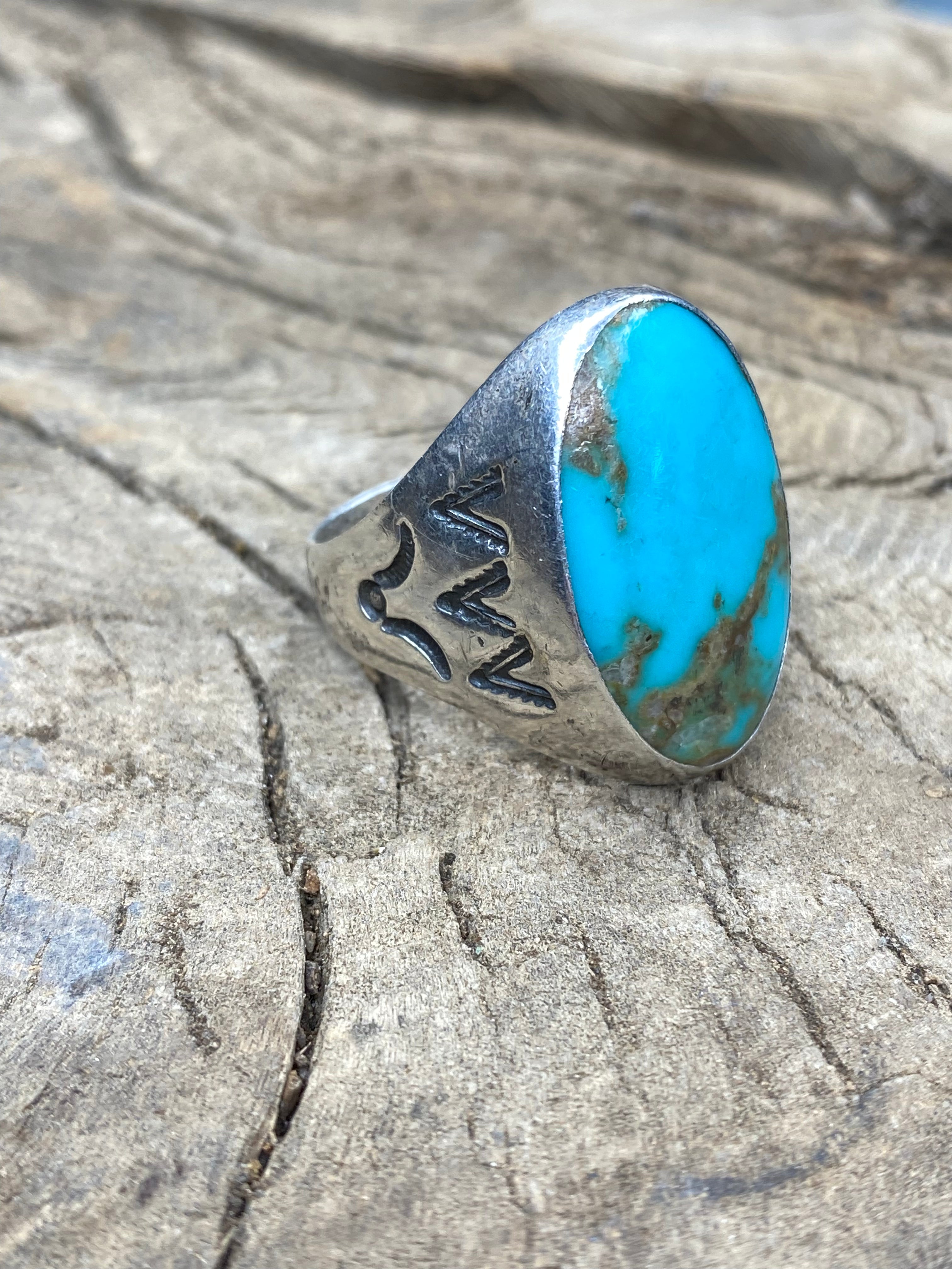 Vintage Turquoise Silver Men's Ring - Size 12