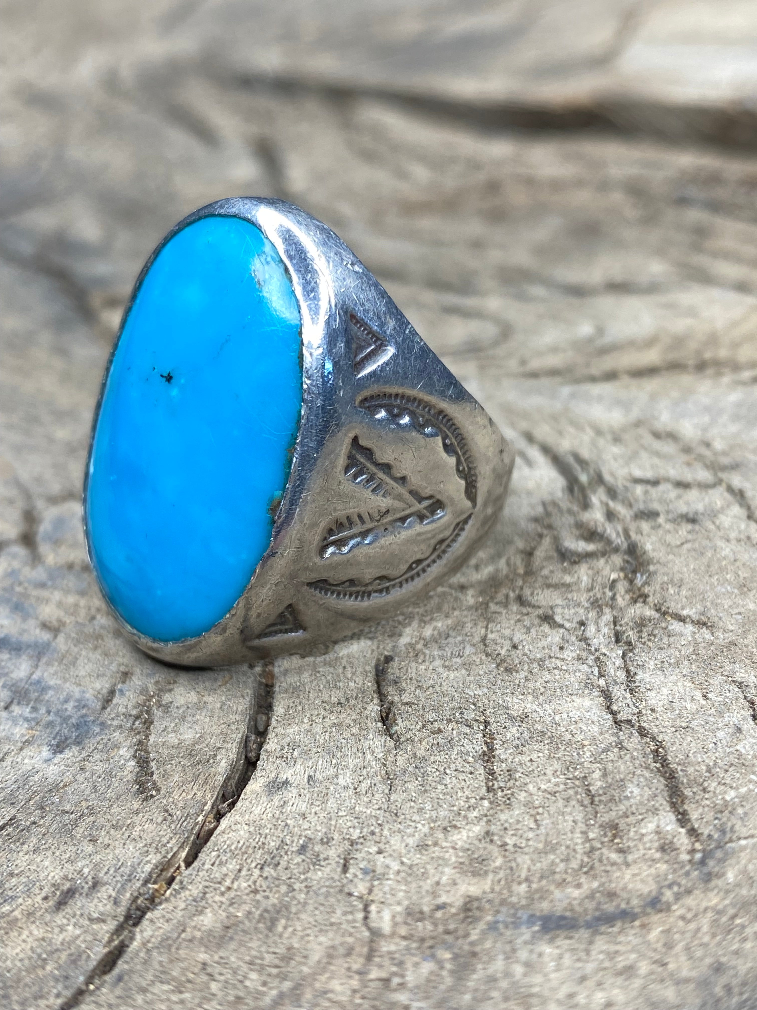 Vintage Sterling Silver and Turquoise - V For Victory Bells Men's Ring - Size 10