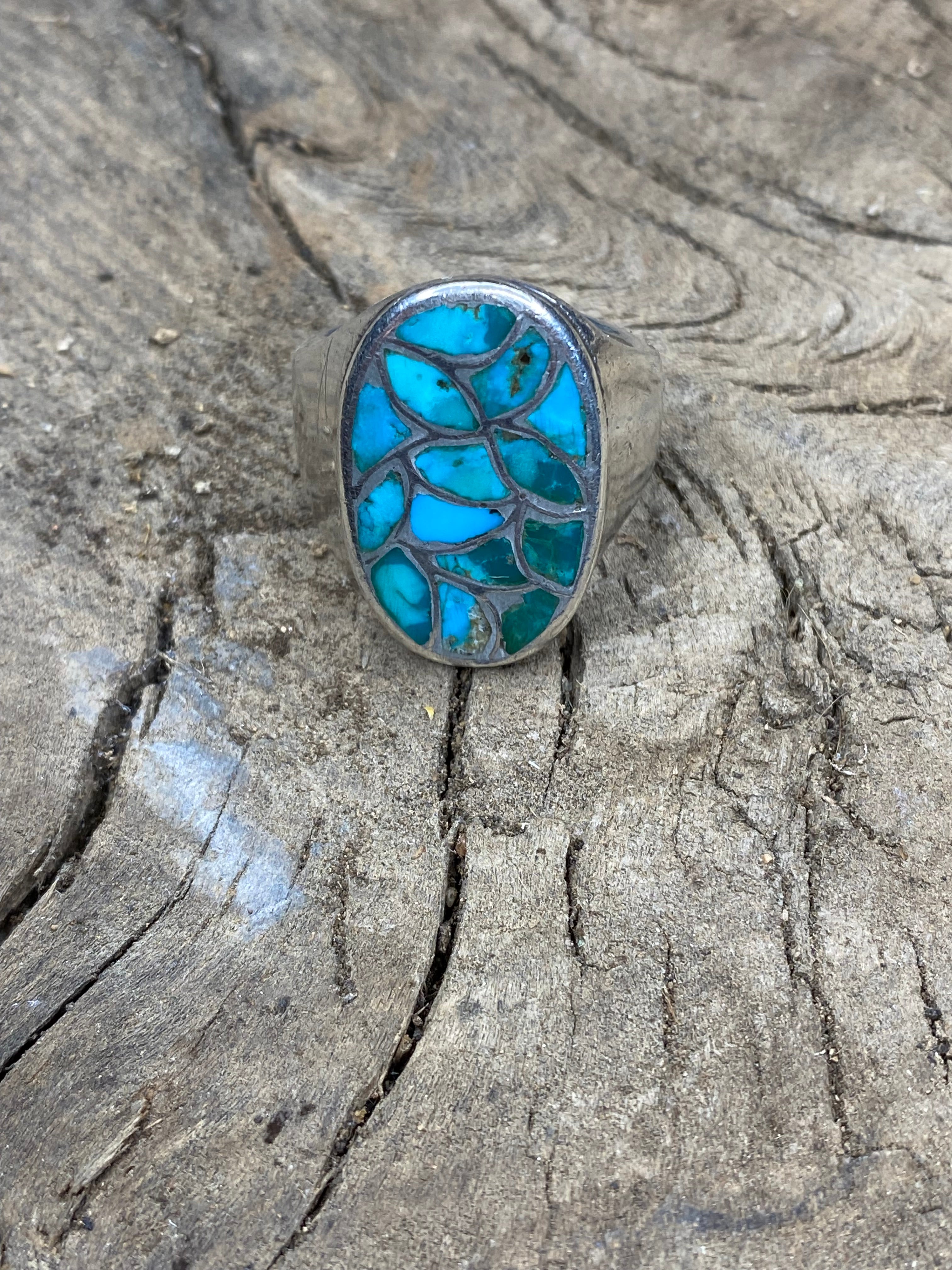 Vintage Turquoise Inlay Fish Scale Silver Men's Ring - Size 11