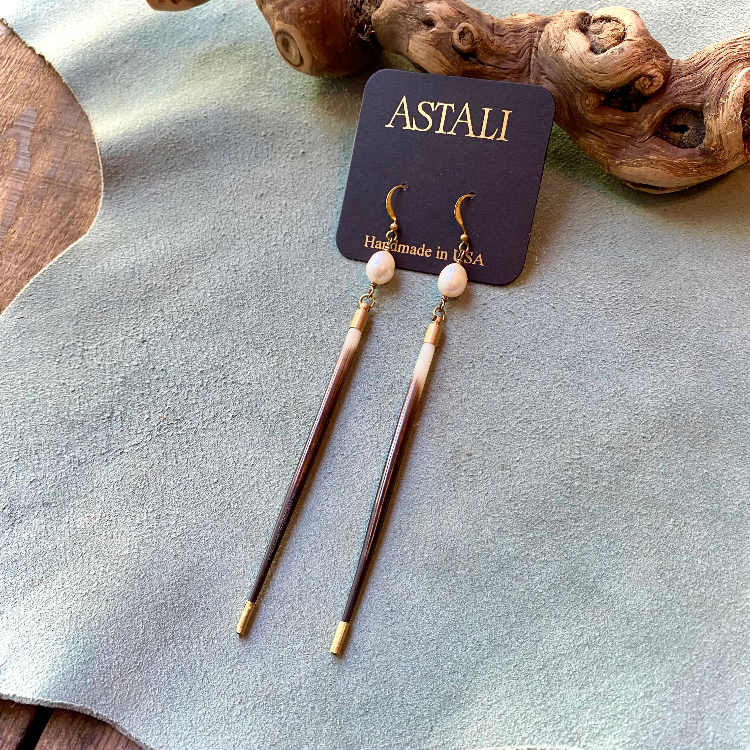 Porcupine Quill & Pearl Earrings, Freshwater Pearls & Quills: Pearl