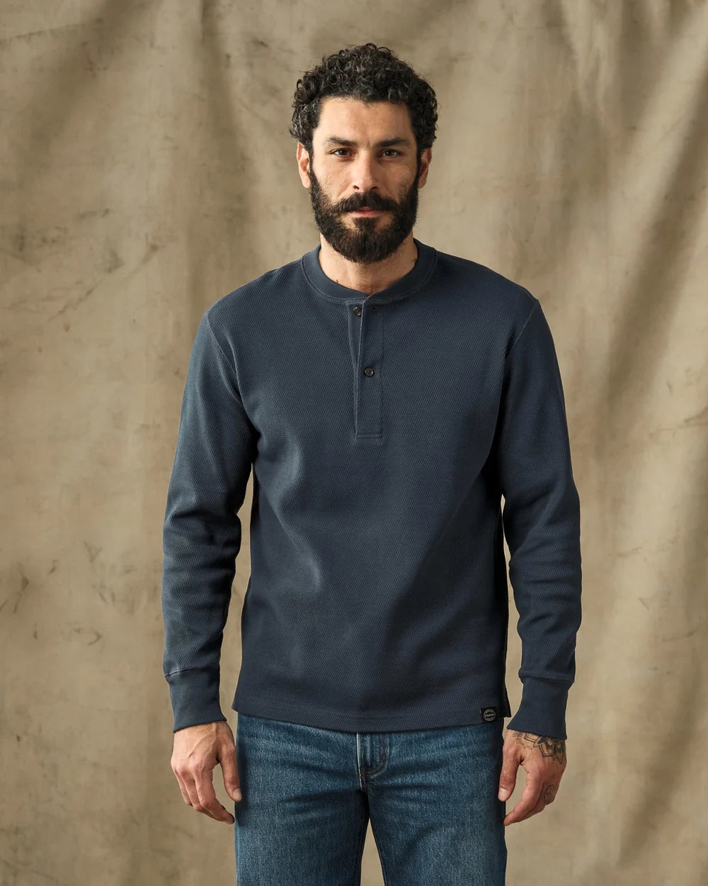 WAFFLE KNIT HENLEY - BLUE MUSSEL