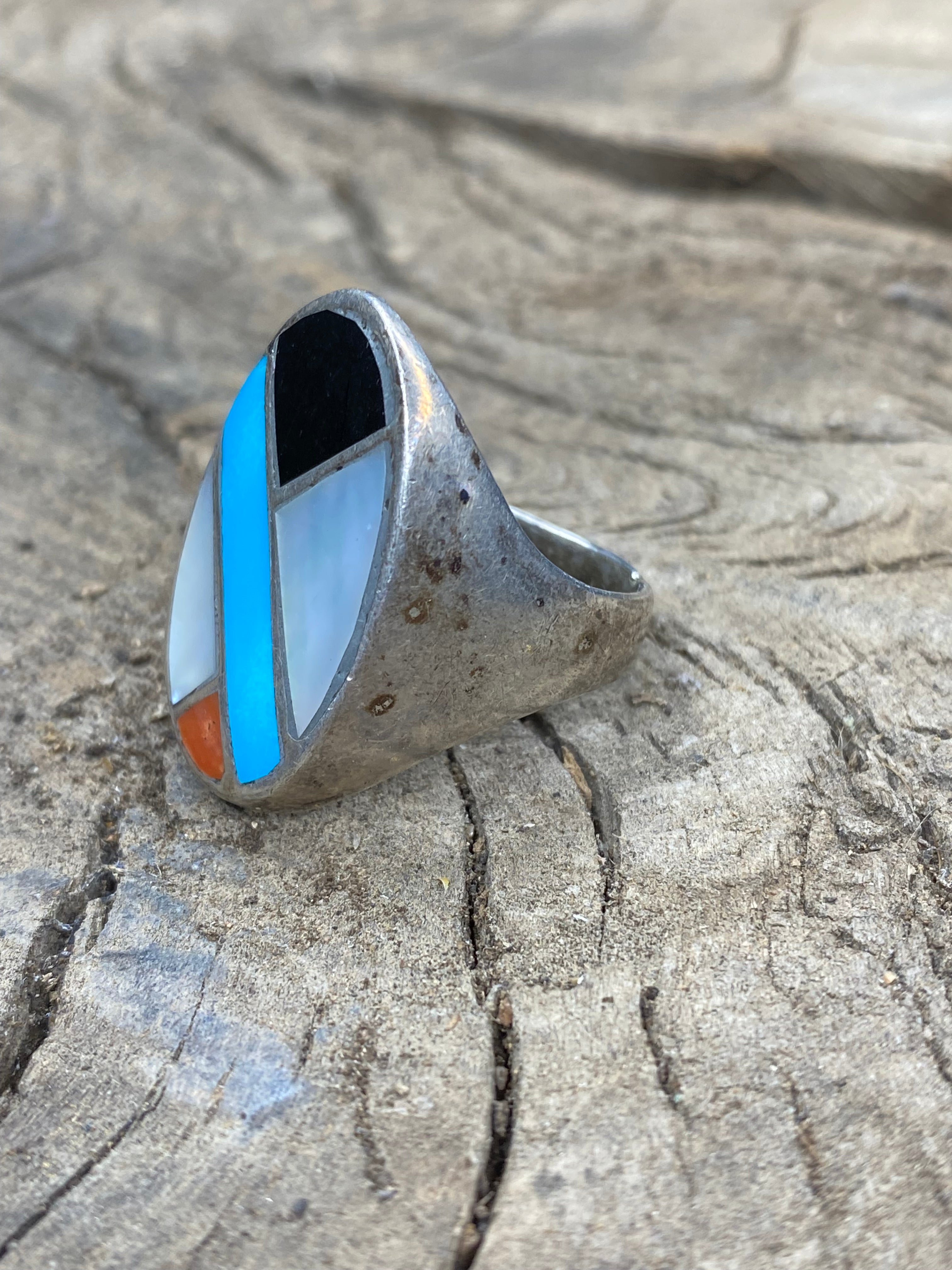 Vintage Turquoise and Multi-Stone Inlay Silver Men's Ring - Size 10.5