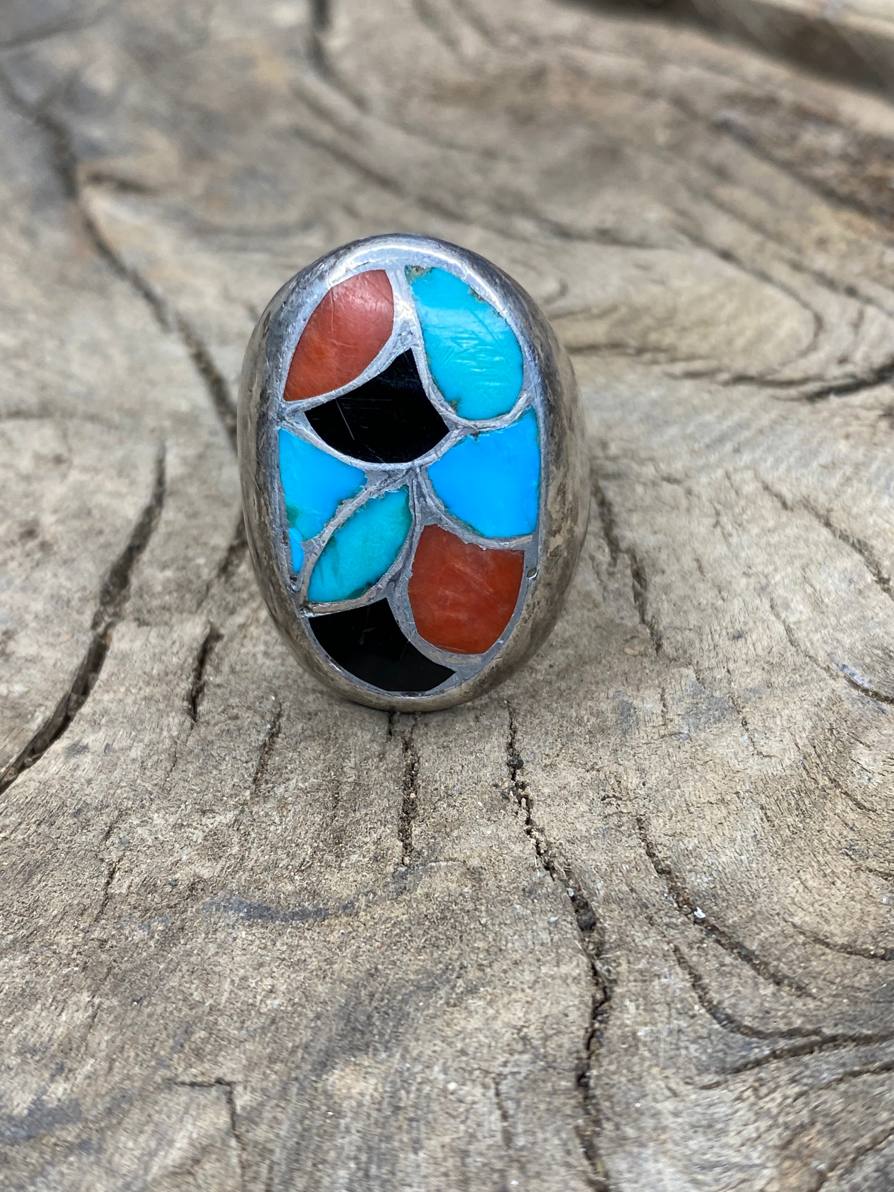 Vintage Multi-Stone Inlay Fish Scale Silver Men's Ring - Size 10.5