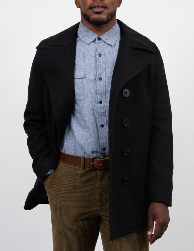 Wool Blend Fitted Peacoat - Navy
