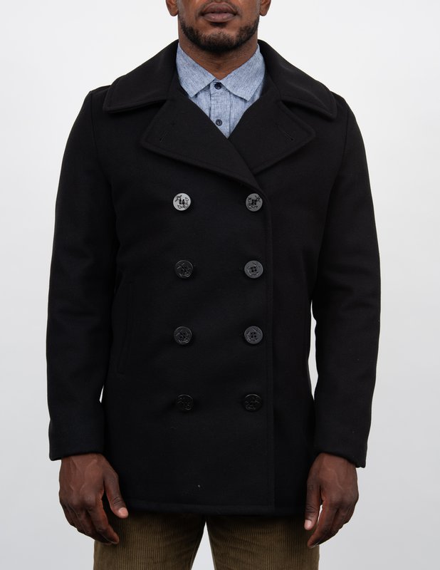 Wool Blend Fitted Peacoat - Navy