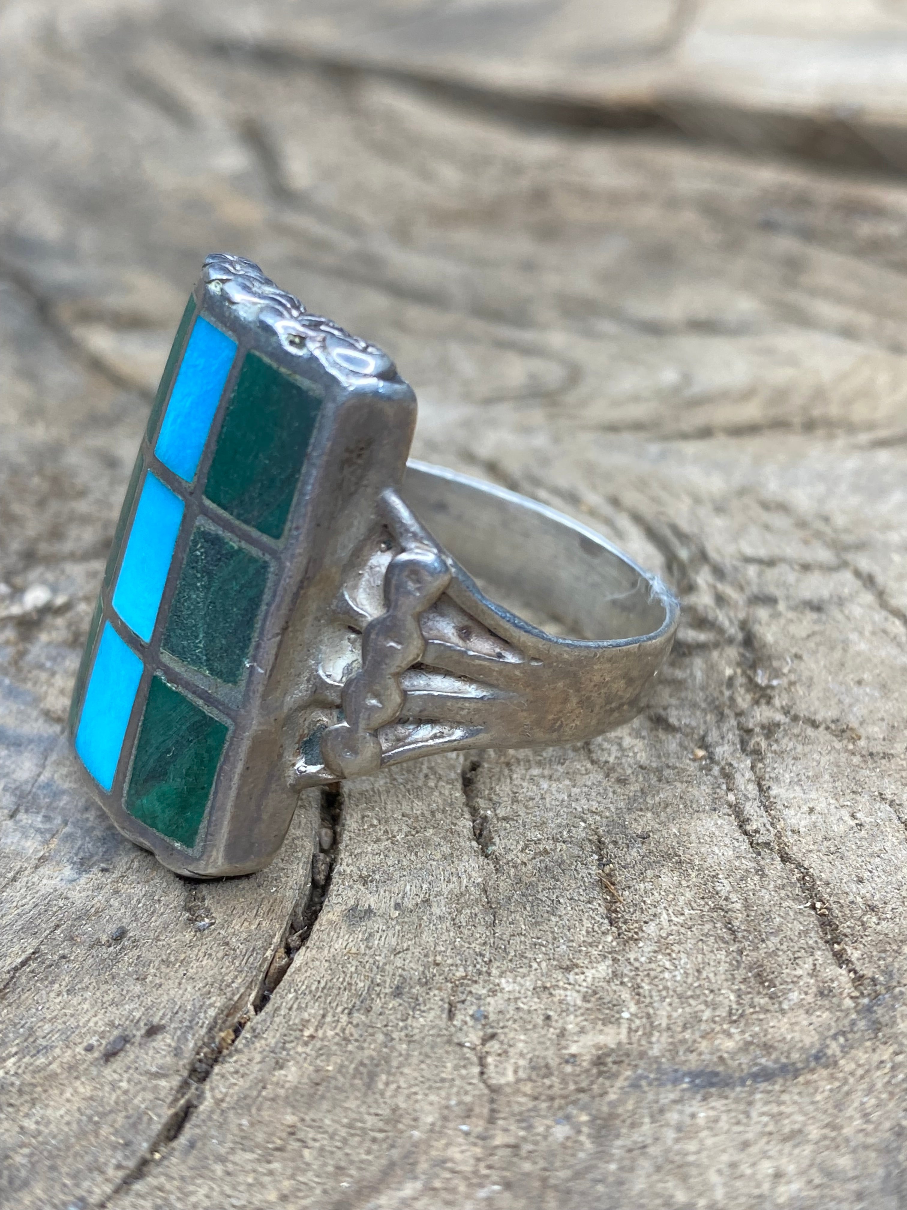 Vintage Turquoise and Malachite Silver Inlay Ring - Size 12.5