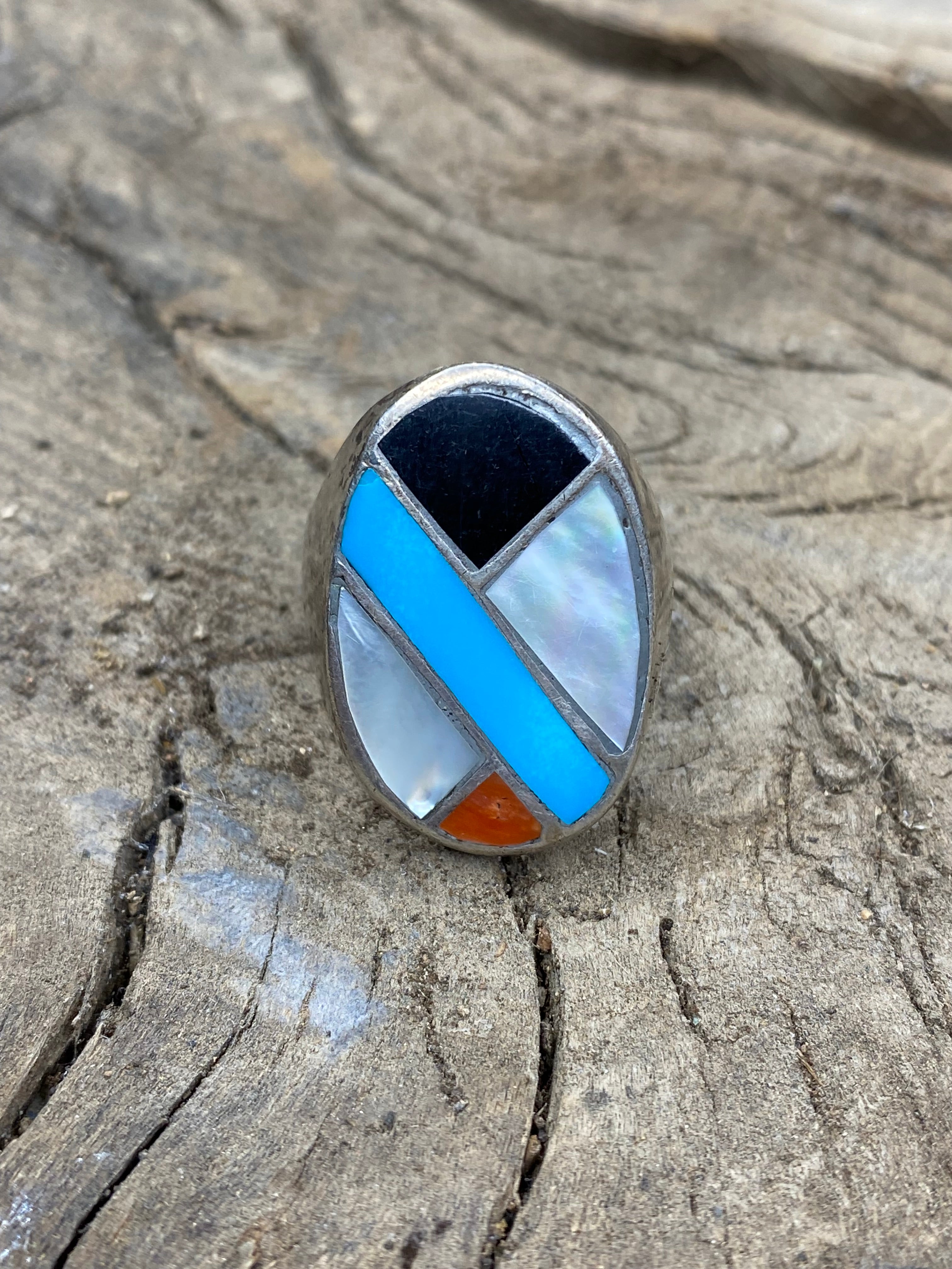 Vintage Turquoise and Multi-Stone Inlay Silver Men's Ring - Size 10.5