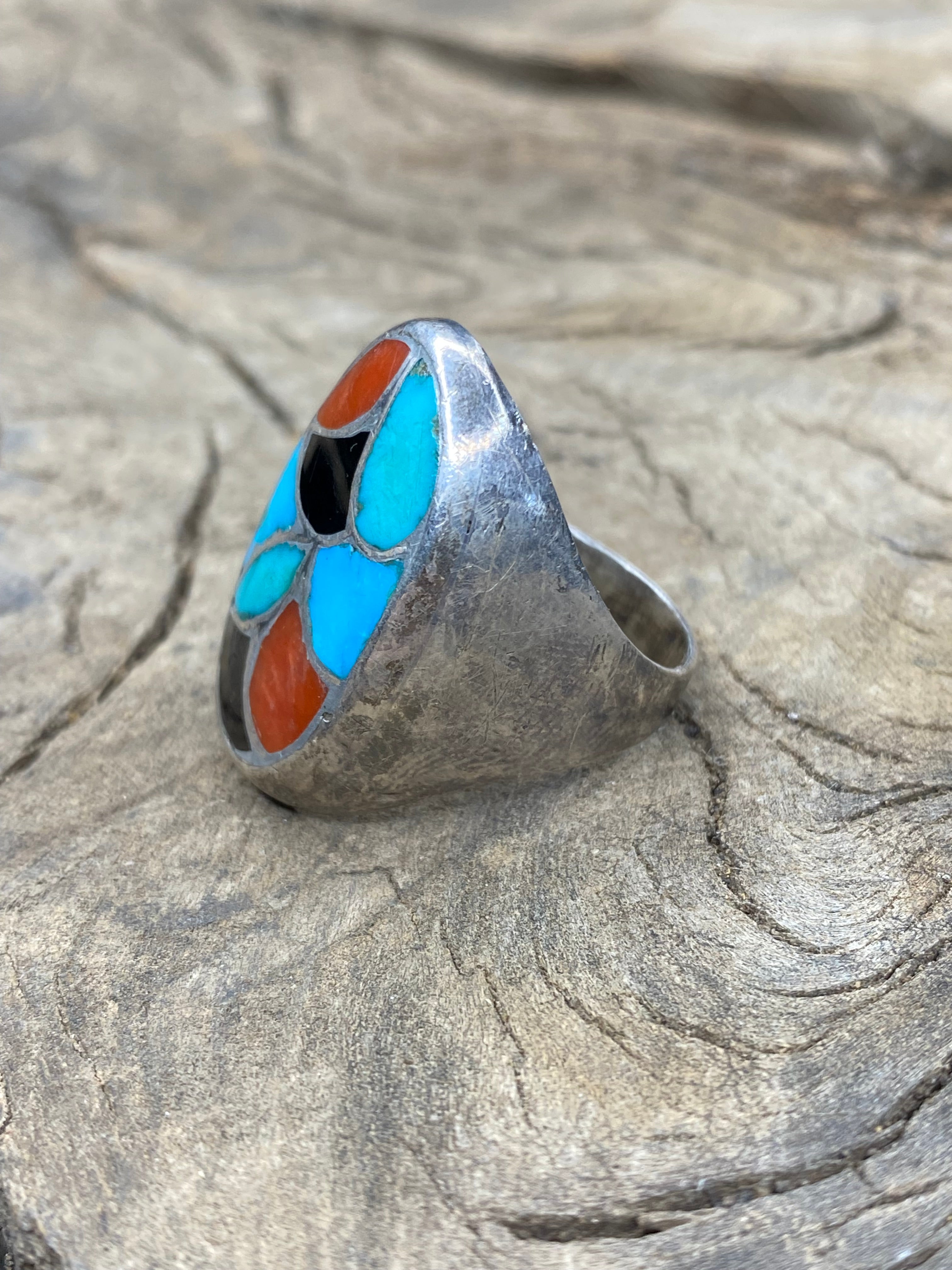 Vintage Multi-Stone Inlay Fish Scale Silver Men's Ring - Size 10.5