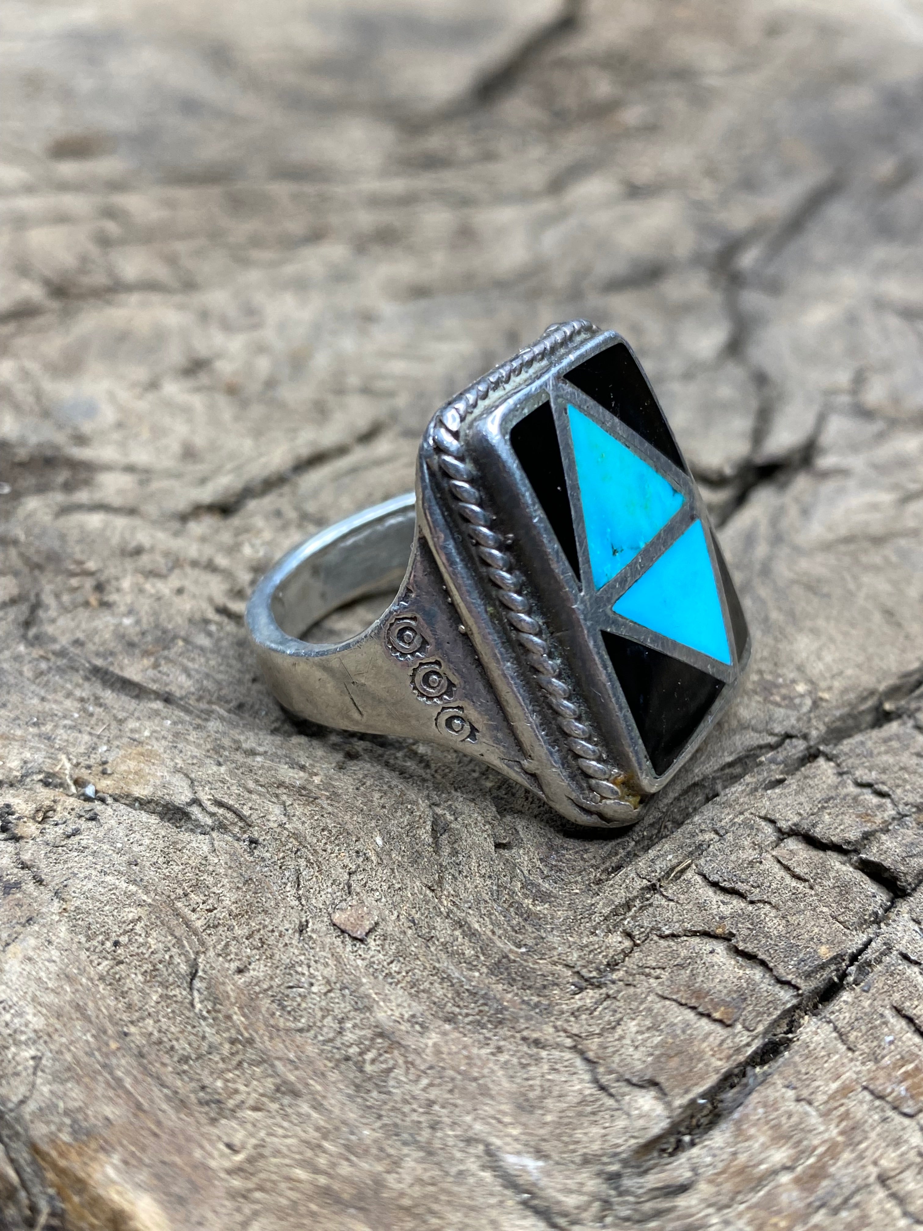 Vintage Turquoise and Black Onyx Silver Inlay Men's Ring - Size 10