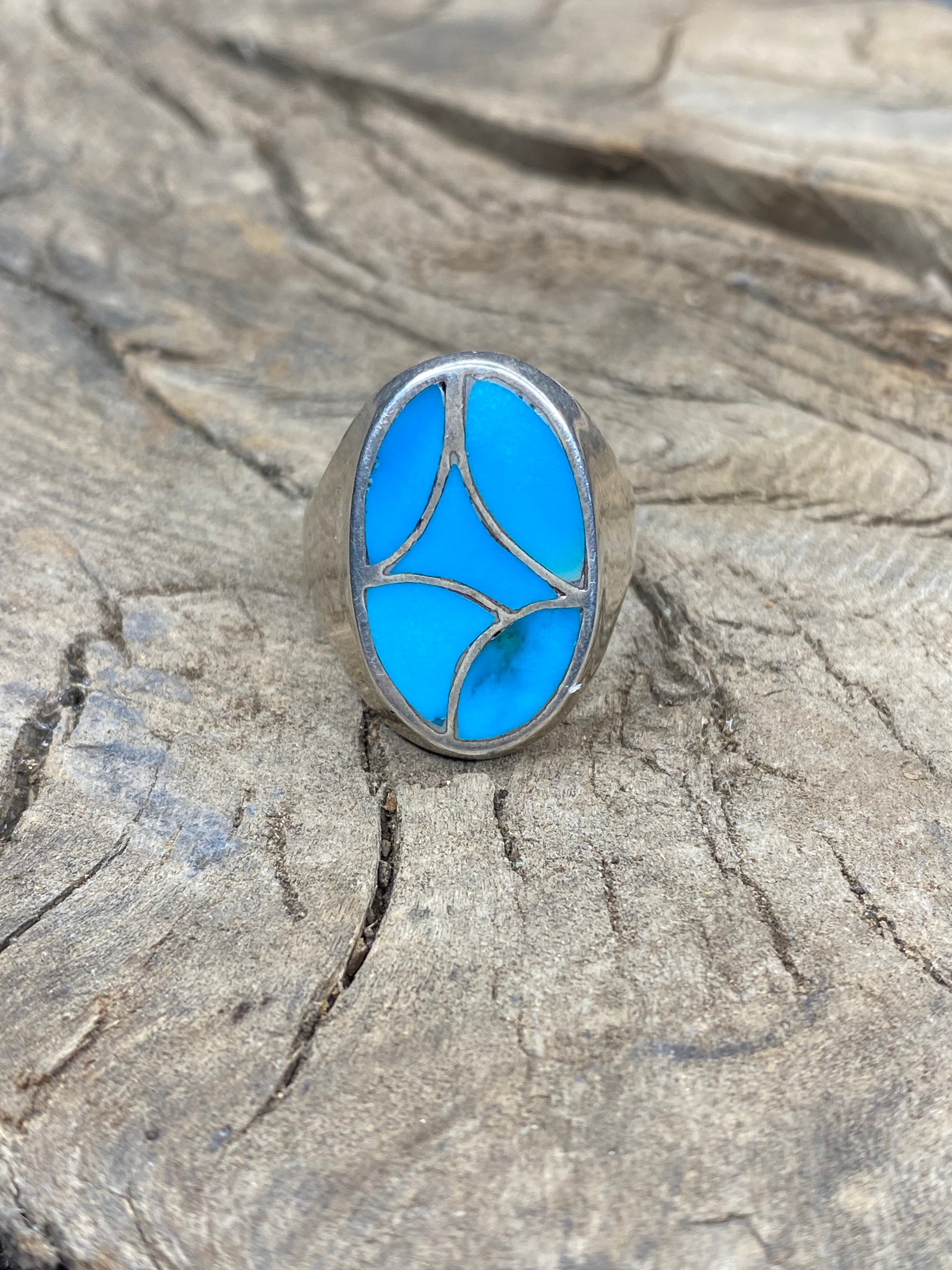 Vintage Turquoise Silver Inlay Men's Ring - Size 11