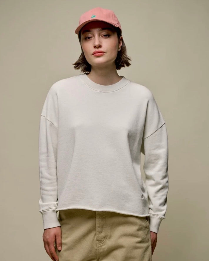 Retro Fleece Sweatshirt With Open Edge On Hem - Cashew