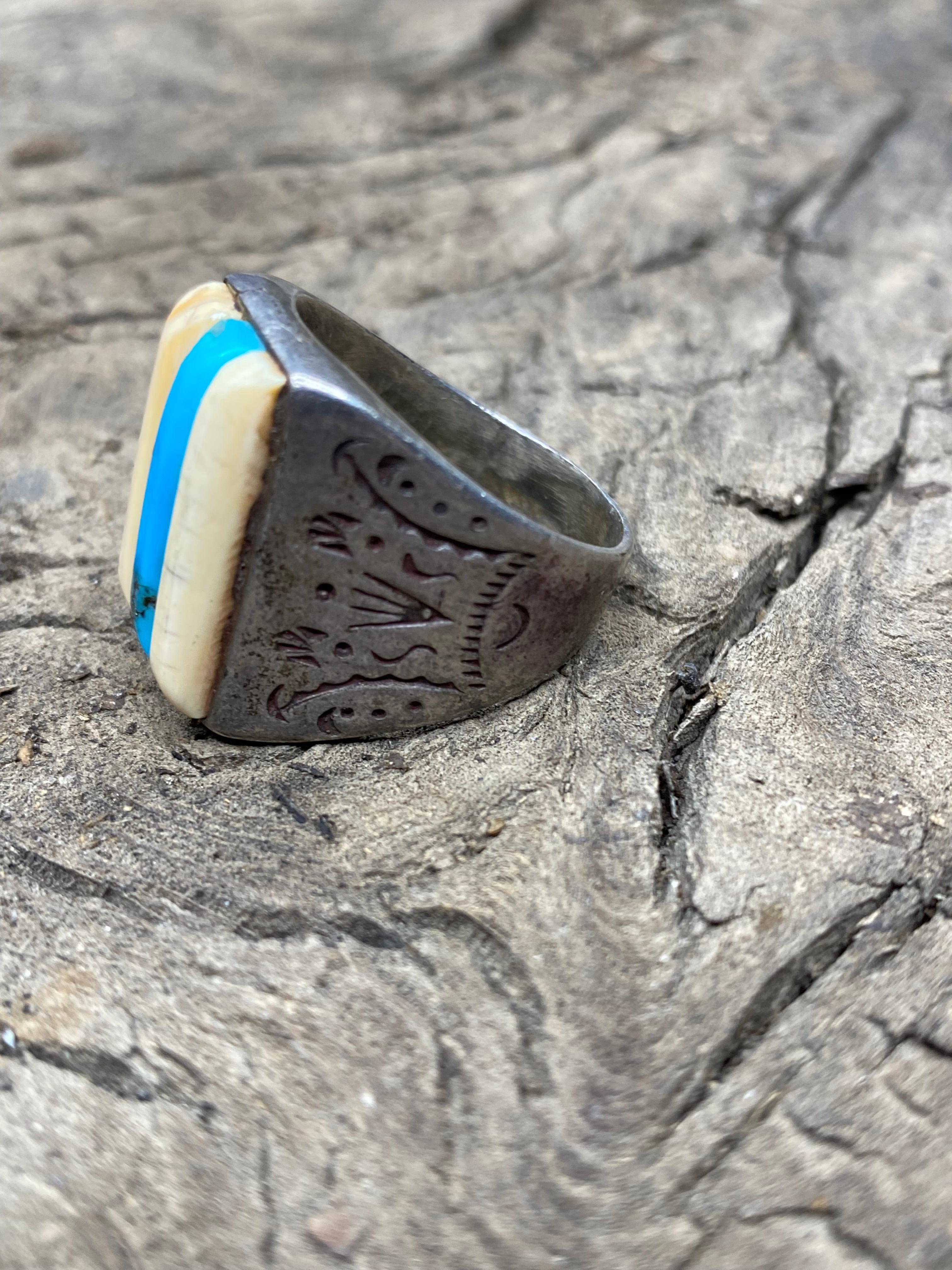 Vintage Turquoise and Silver Mixed Stone Men's Ring - Size 10.5