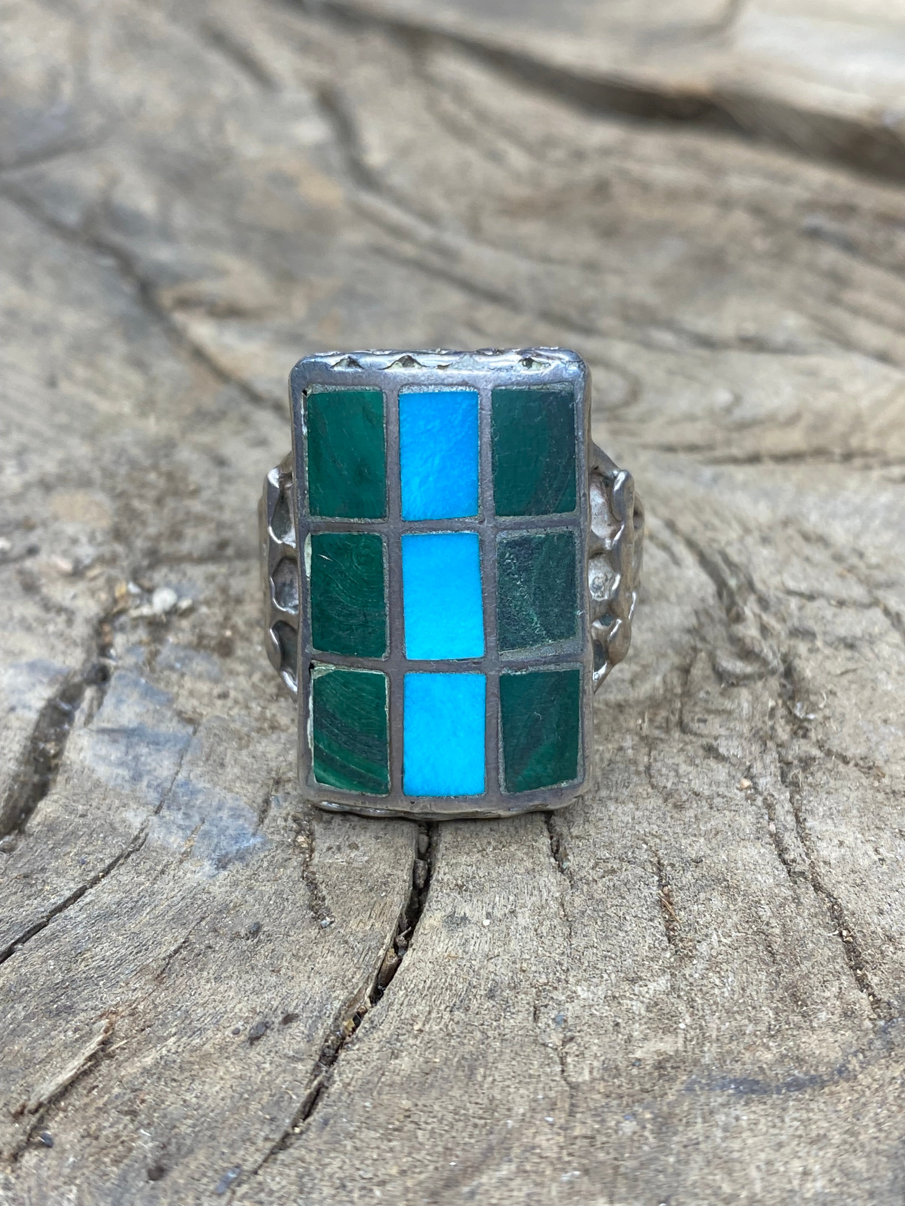 Vintage Turquoise and Malachite Silver Inlay Ring - Size 12.5