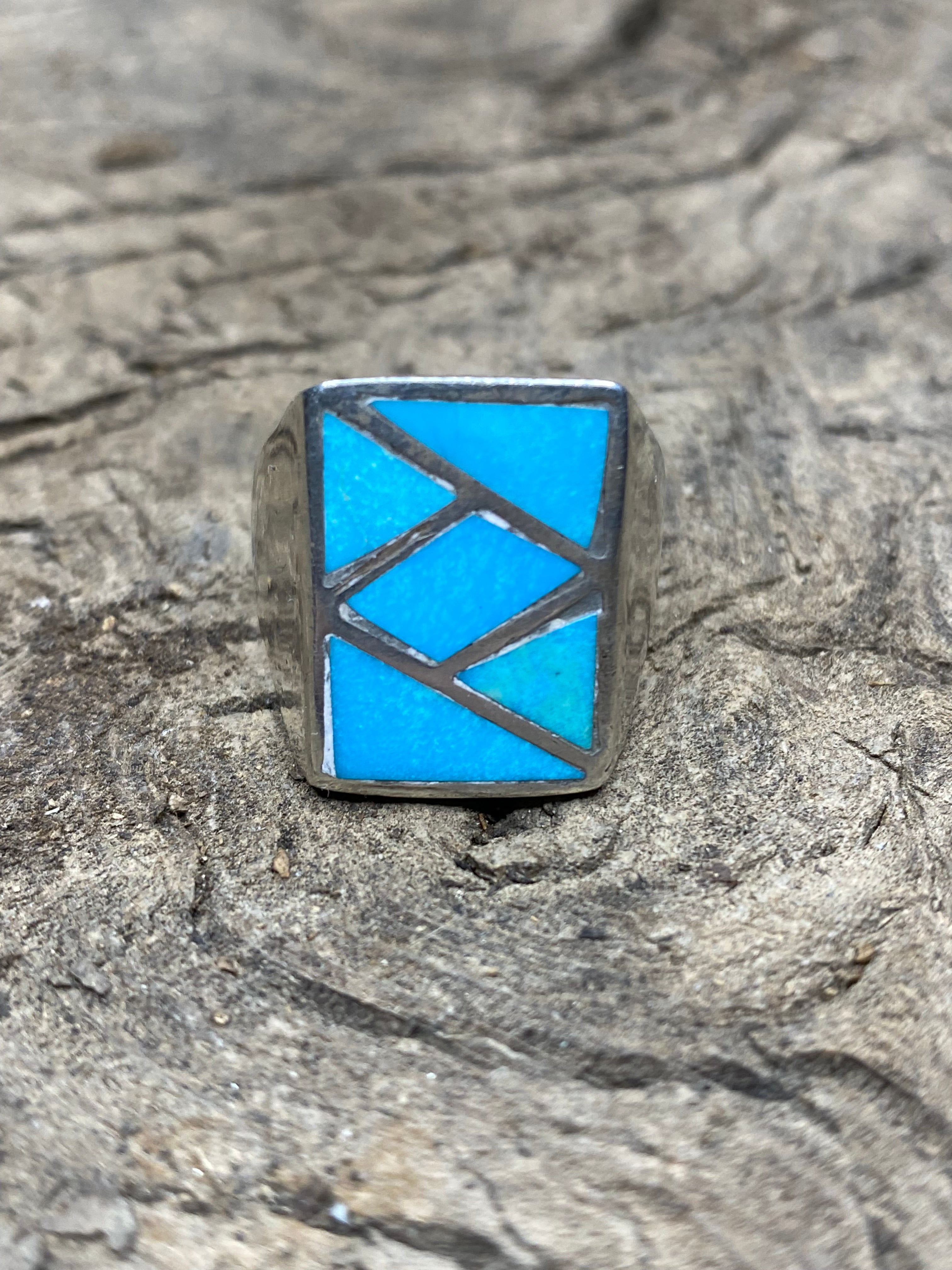 Vintage Turquoise Silver Inlay Men's Ring - Size 10.5