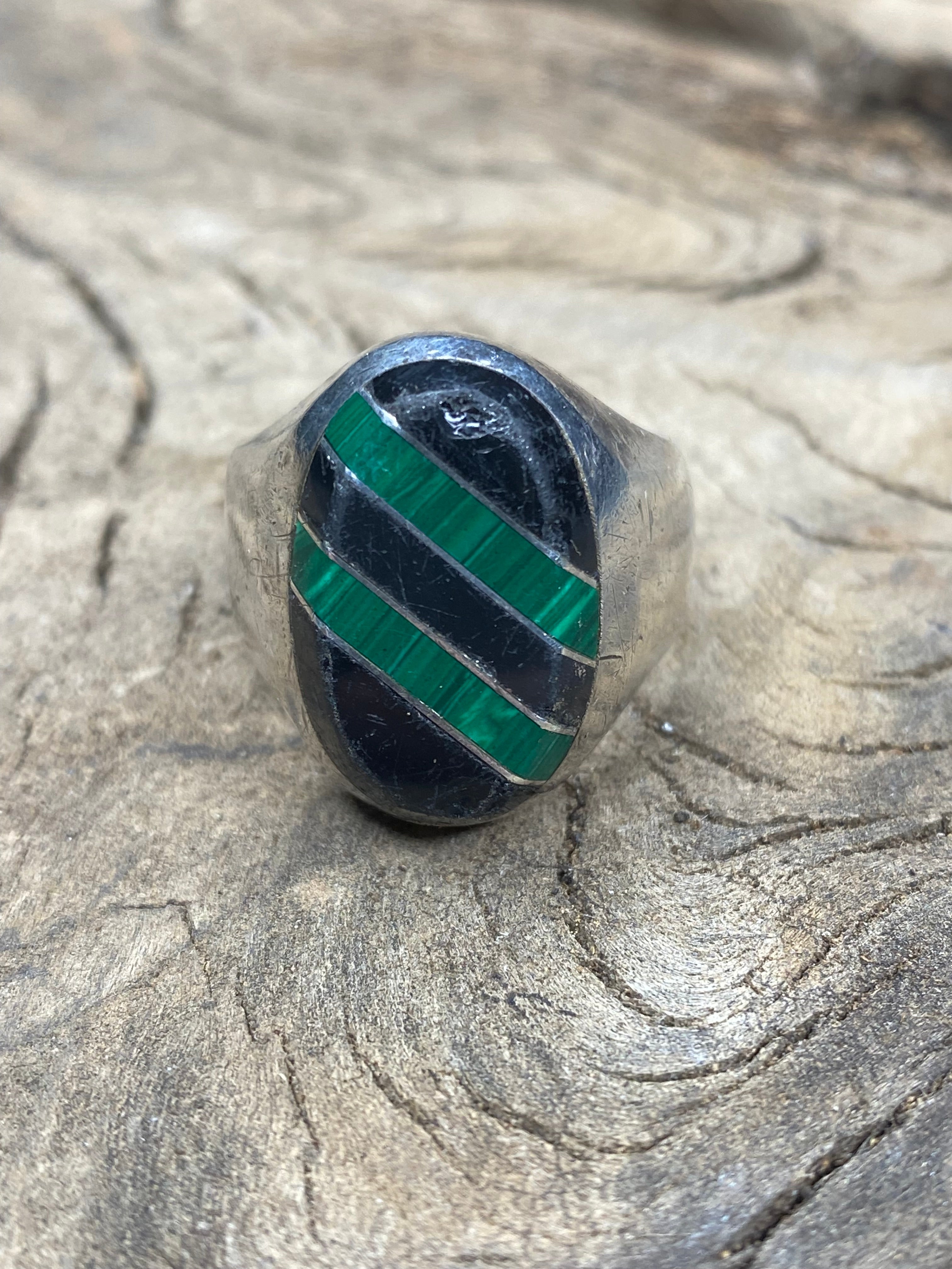 Vintage Onyx and Malachite Inlay Striper Silver Ring Size 10.5