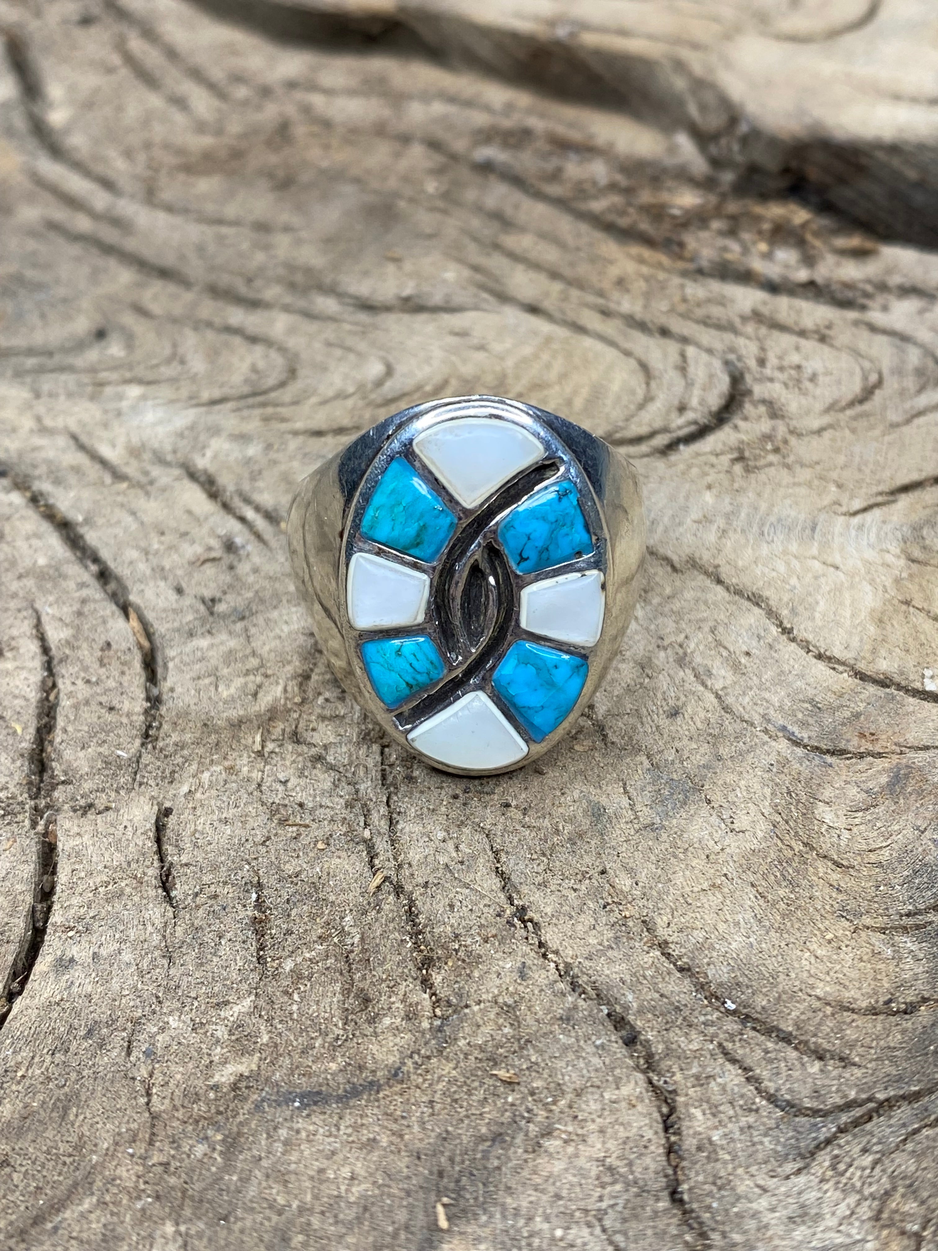 Vintage Turquoise and Mother of Pearl Inlay Hummingbird Silver Men's Ring - Size 11