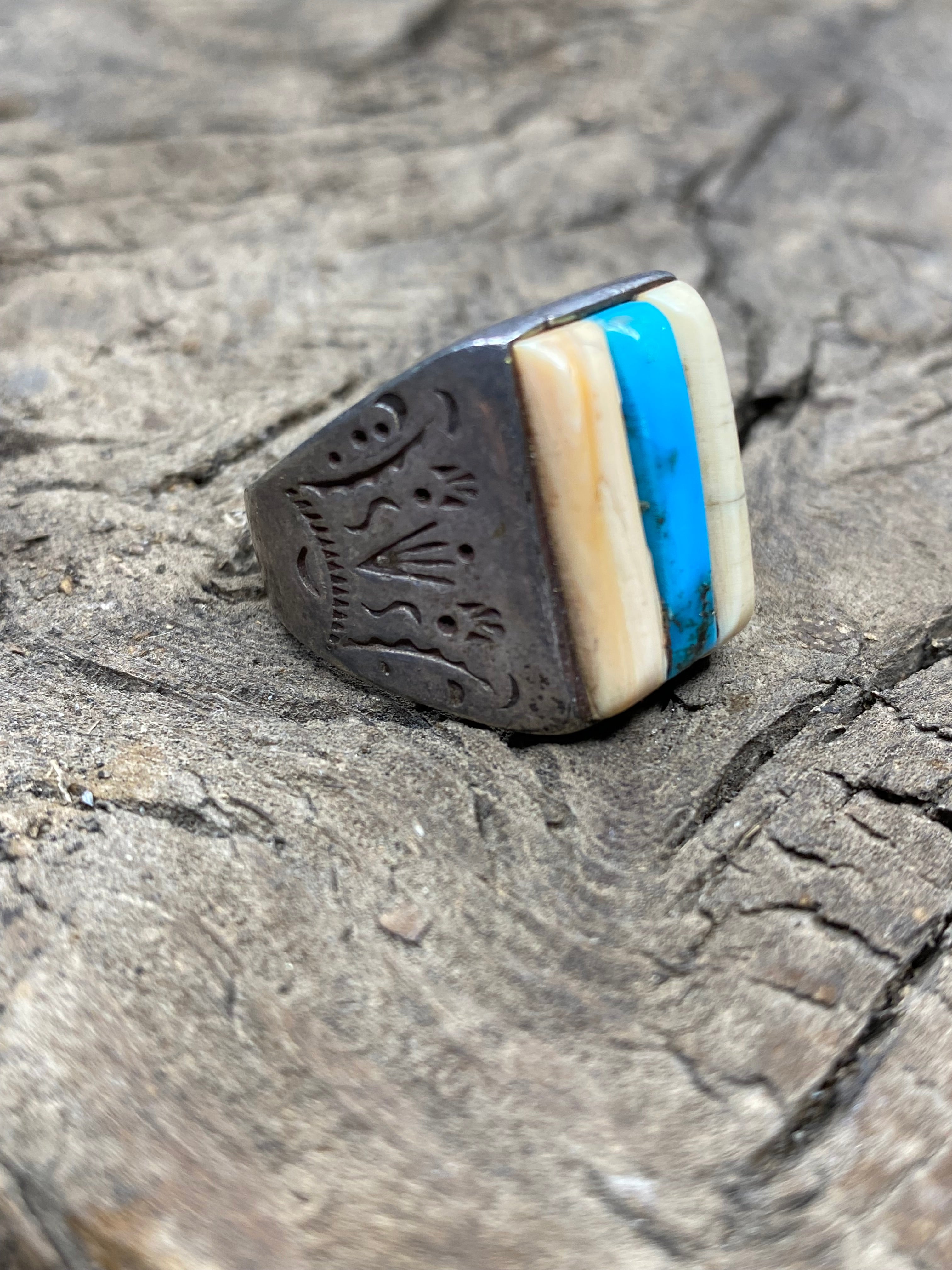 Vintage Turquoise and Silver Mixed Stone Men's Ring - Size 10.5