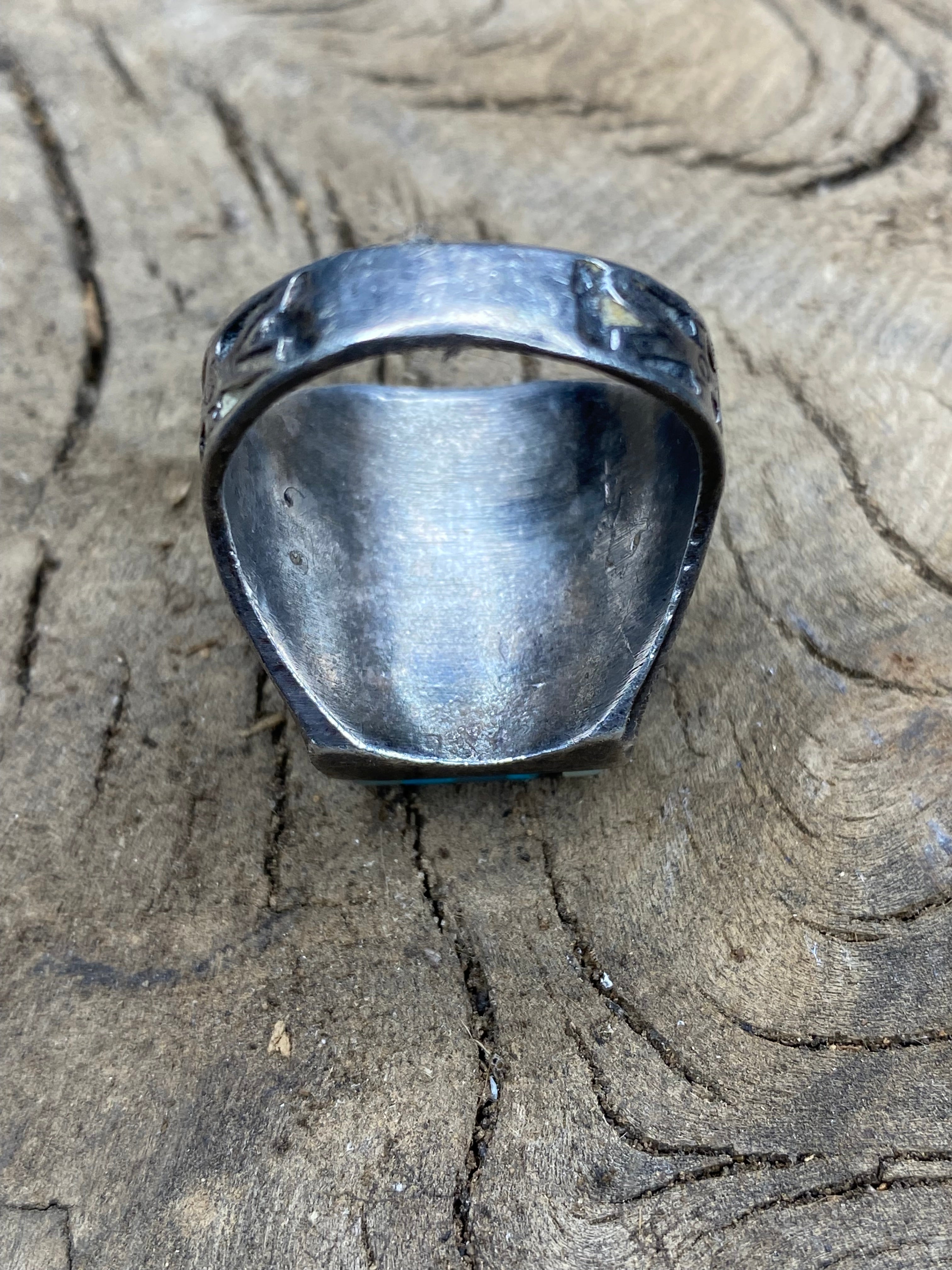 Vintage Turquoise and Mother of Pearl Inlay Silver Men's Ring - Size 10.5