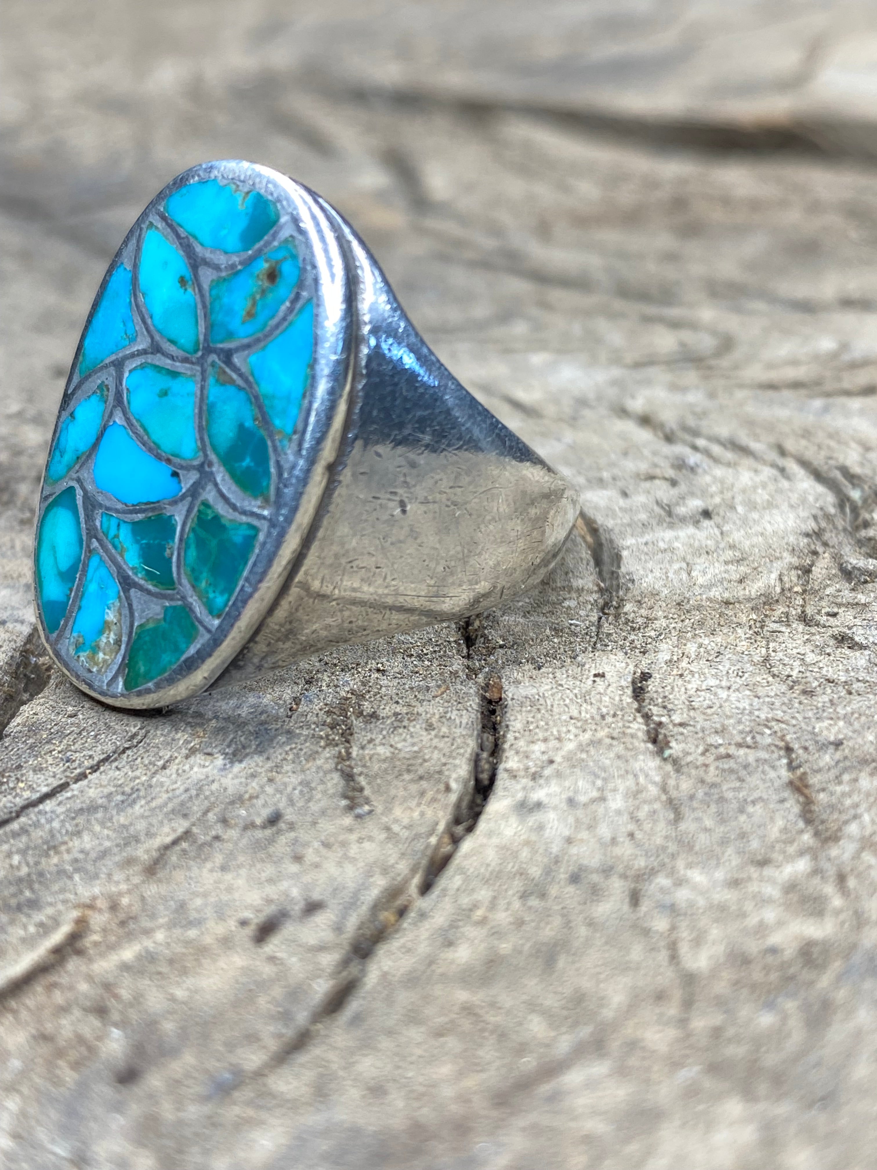 Vintage Turquoise Inlay Fish Scale Silver Men's Ring - Size 11