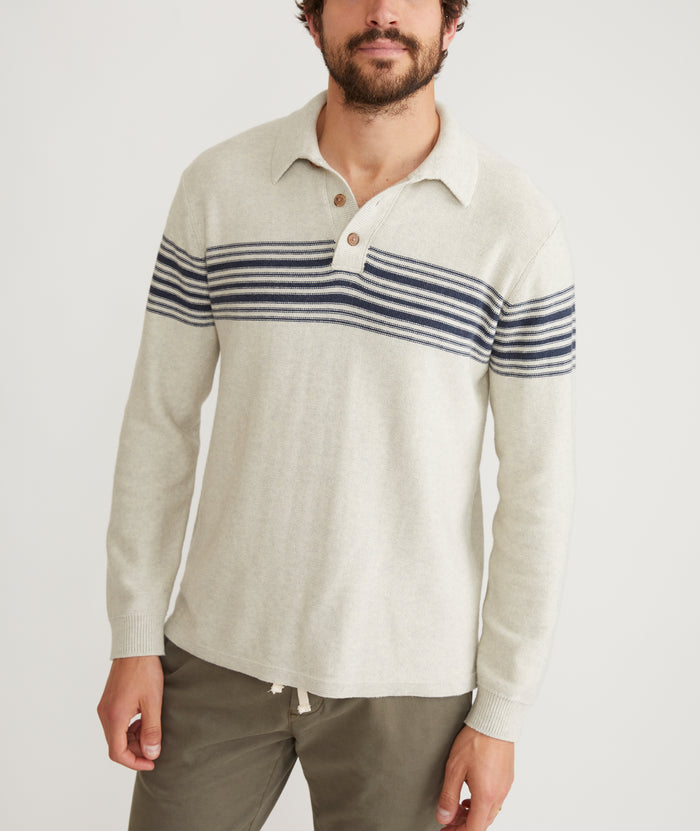 Ellias Chest Stripe Sweater Polo in Pearl/Dark Indigo