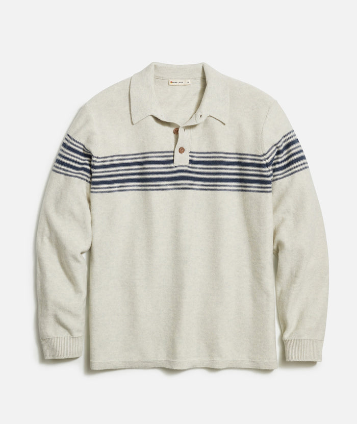 Ellias Chest Stripe Sweater Polo in Pearl/Dark Indigo