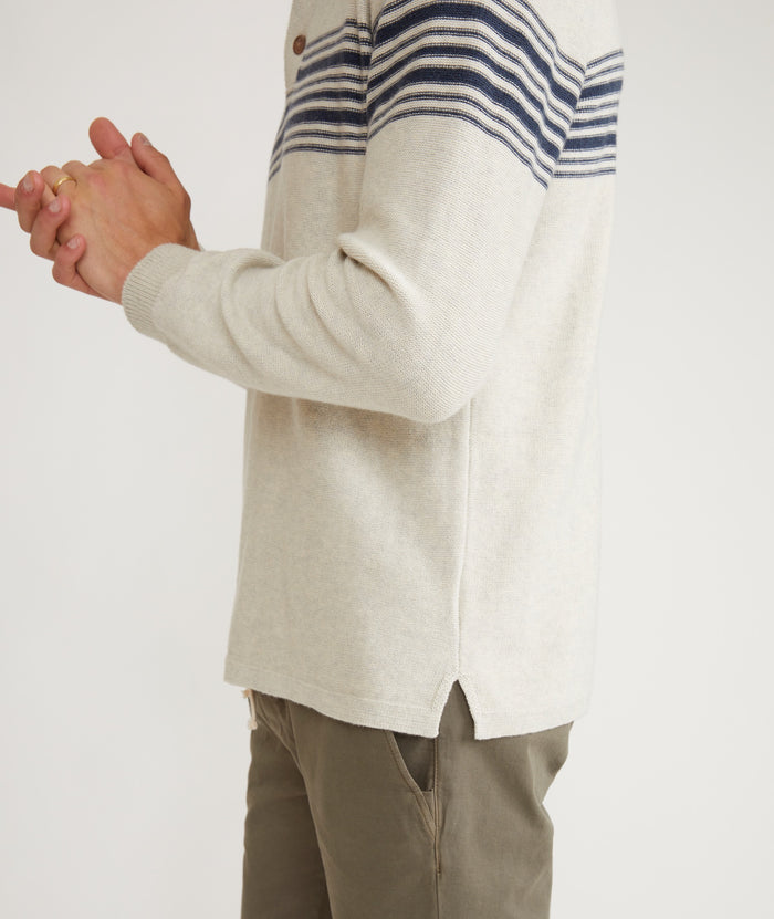 Ellias Chest Stripe Sweater Polo in Pearl/Dark Indigo