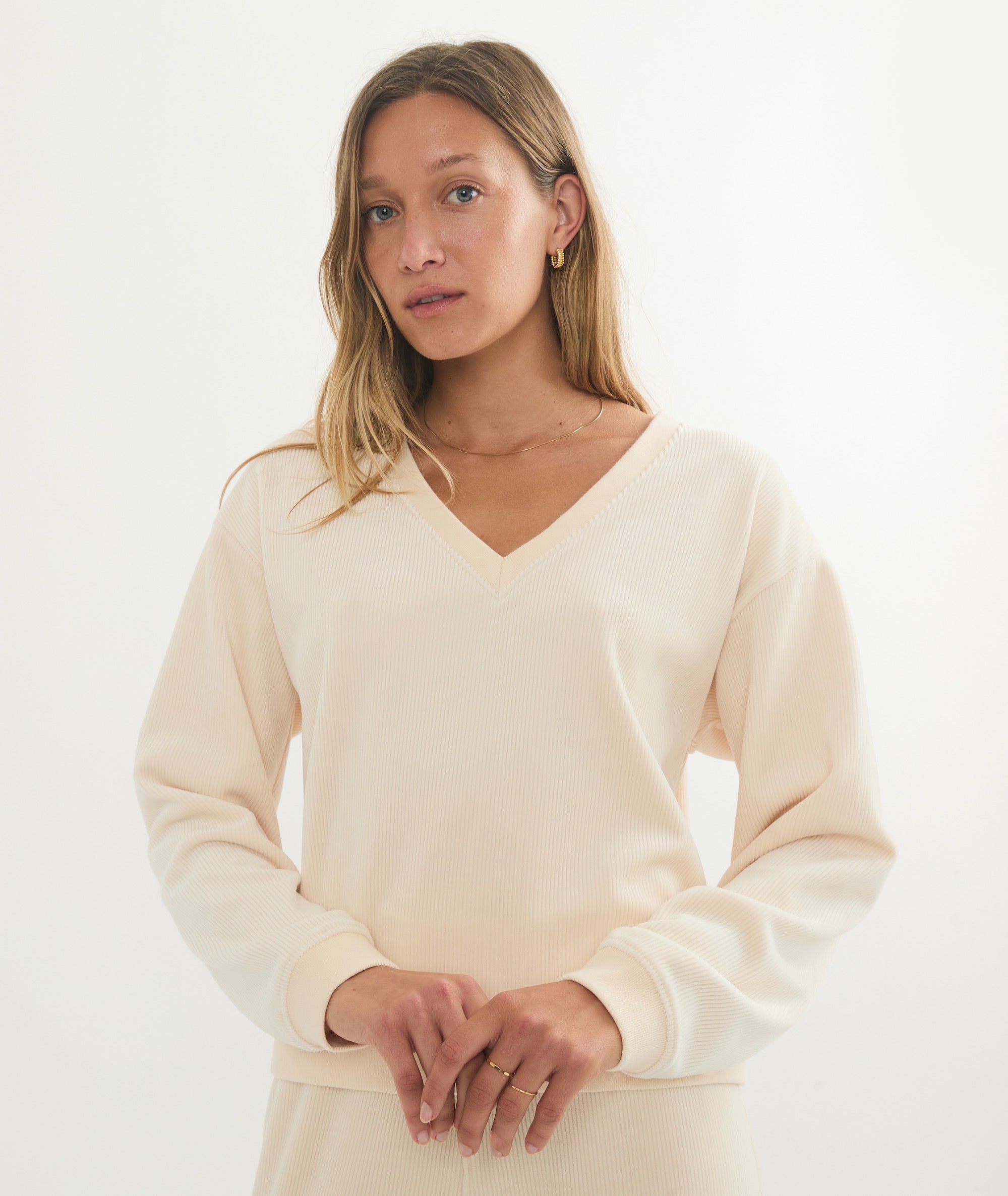 Cord Velour V Neck Sweatshirt in Cream