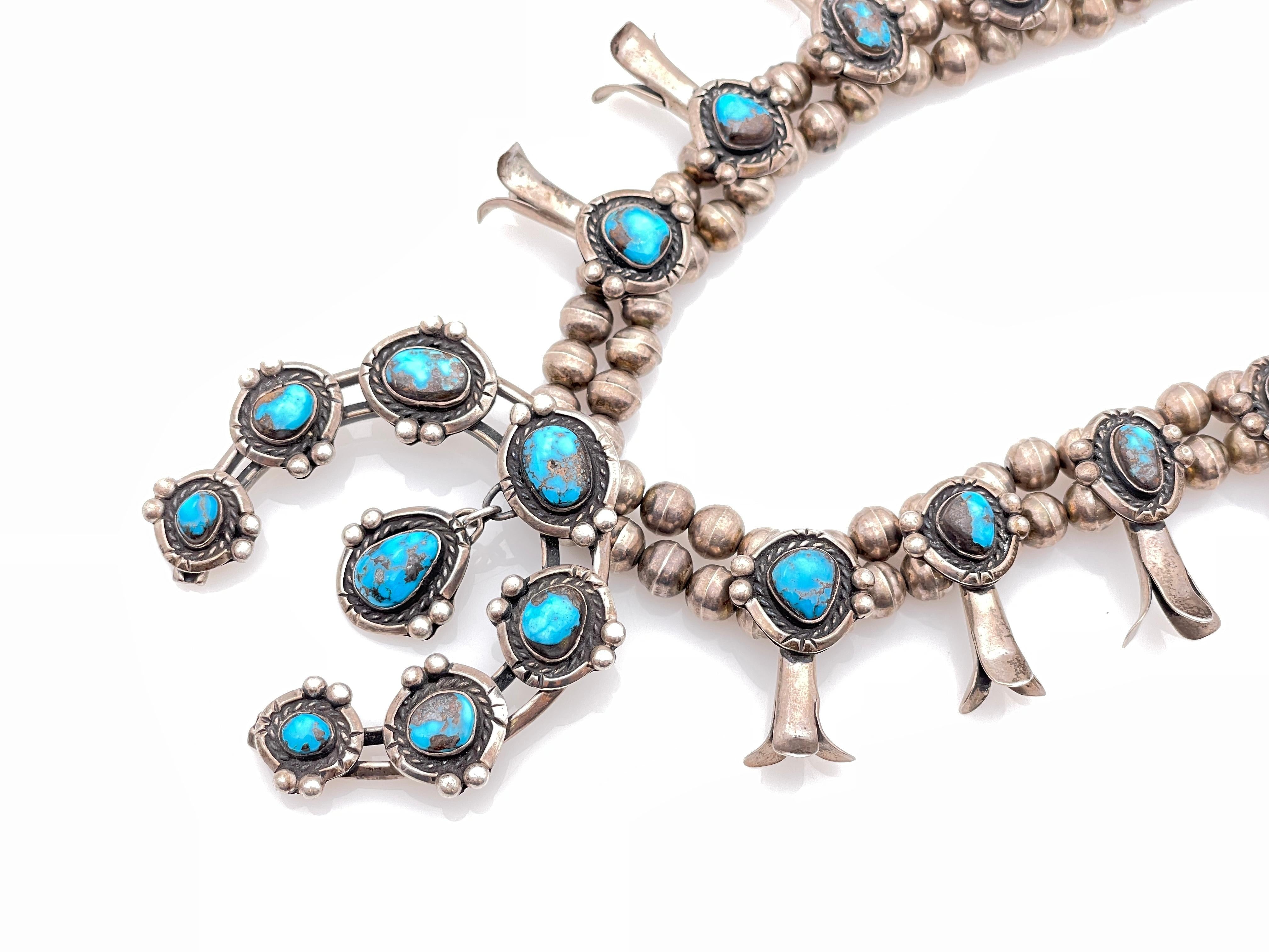 RARE! NATIVE AMERICAN STERLING SILVER BISBEE TURQUOISE SQUASH BLOSSOM NECKLACE