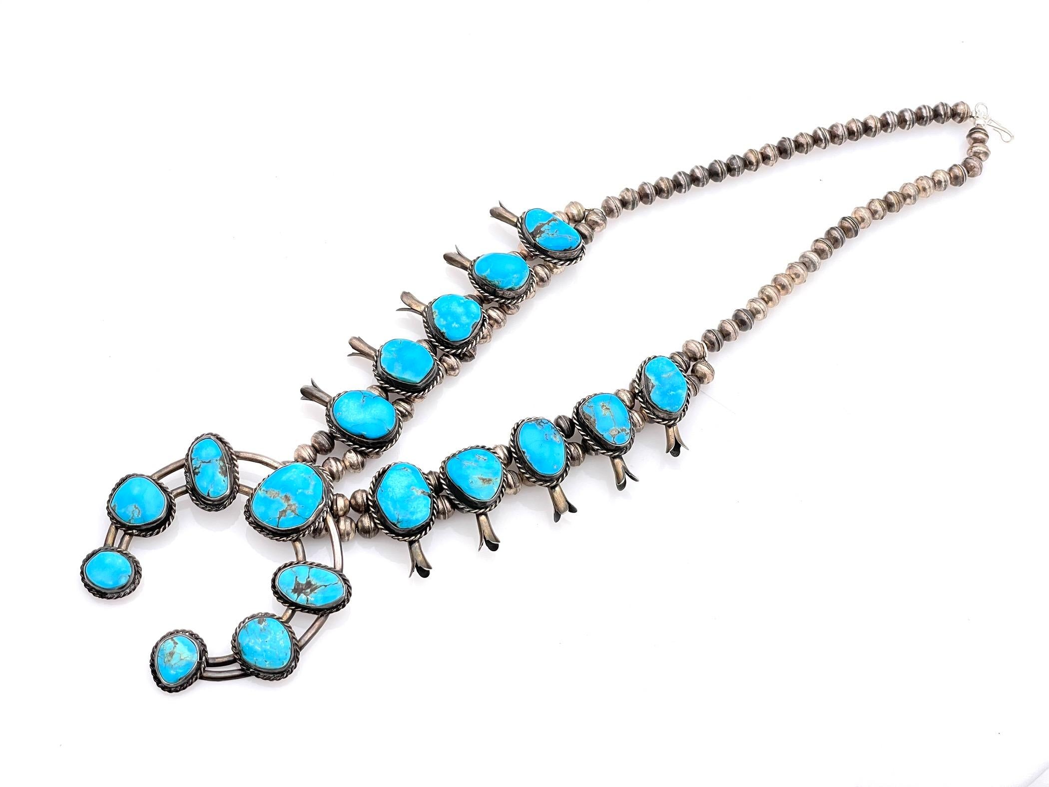 NATIVE AMERICAN STERLING TURQUOISE SQUASH BLOSSOM NECKLACE