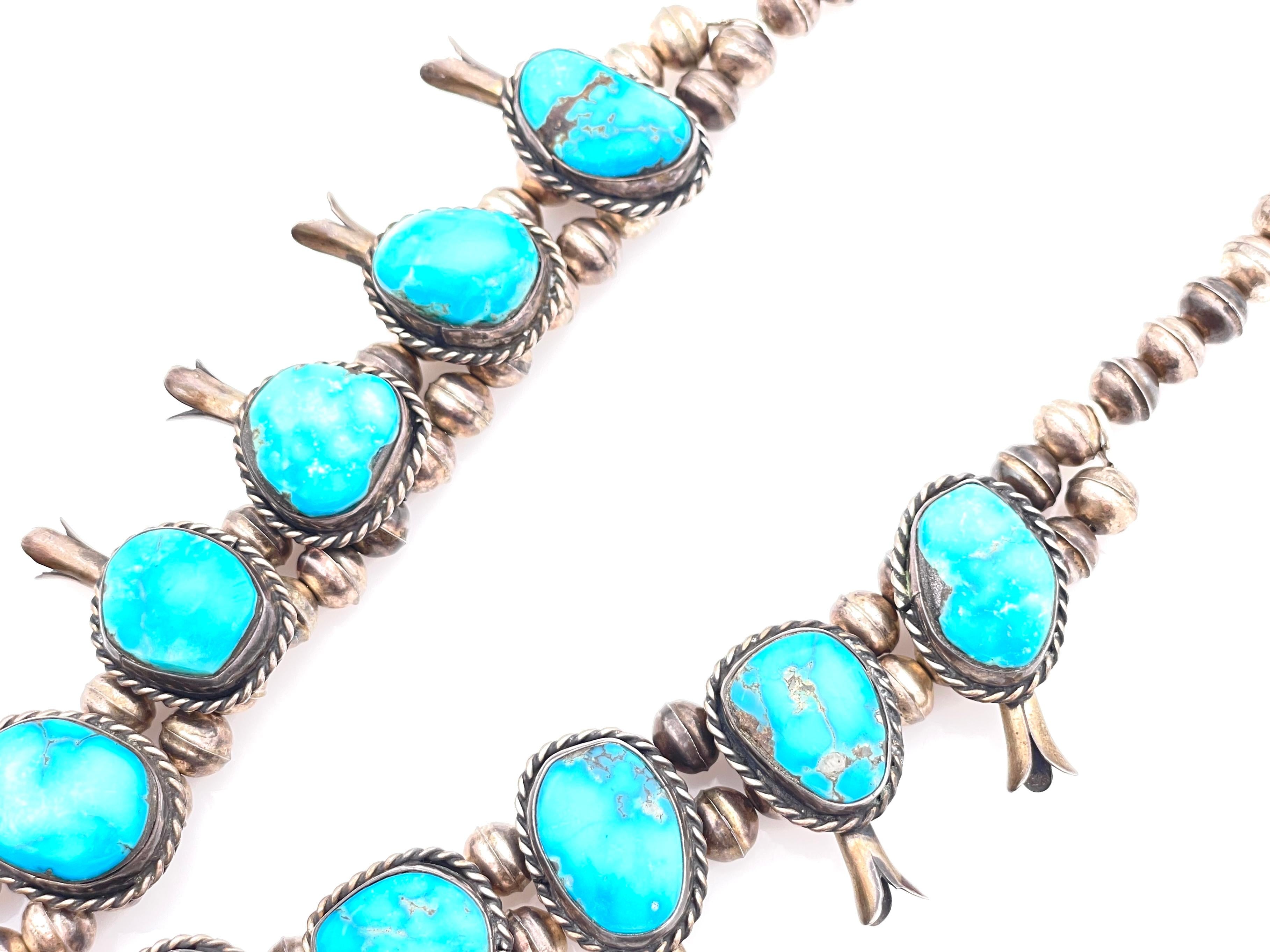 NATIVE AMERICAN STERLING TURQUOISE SQUASH BLOSSOM NECKLACE