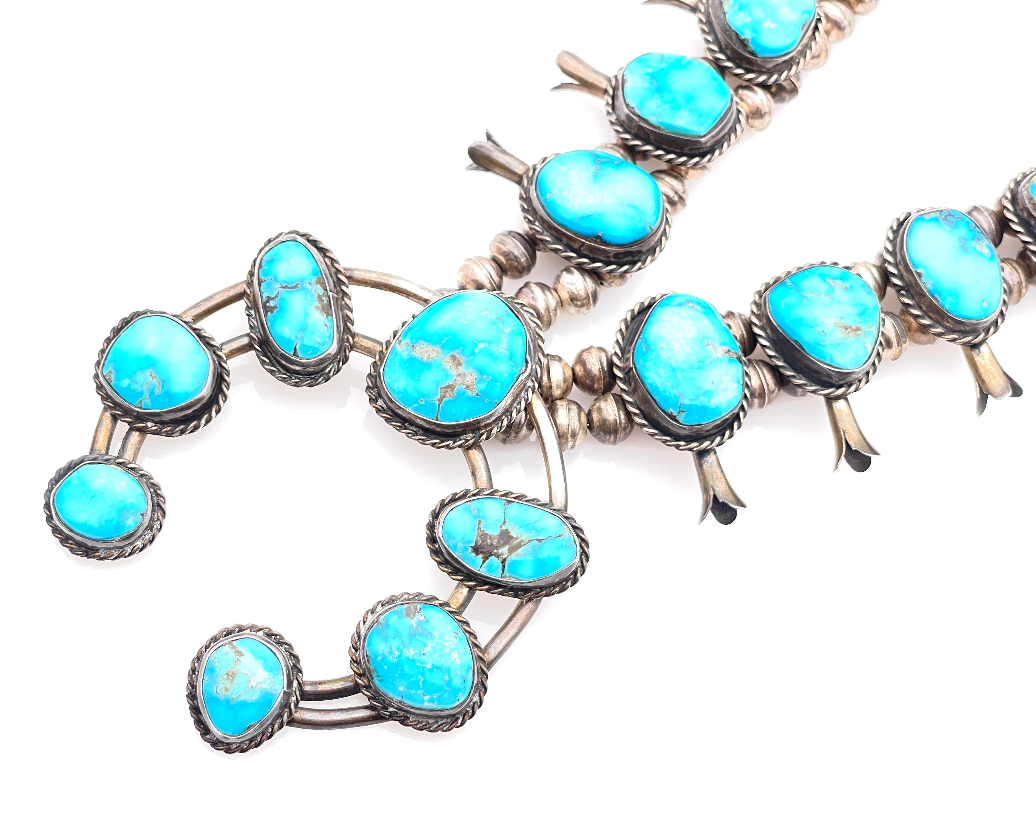 NATIVE AMERICAN STERLING TURQUOISE SQUASH BLOSSOM NECKLACE