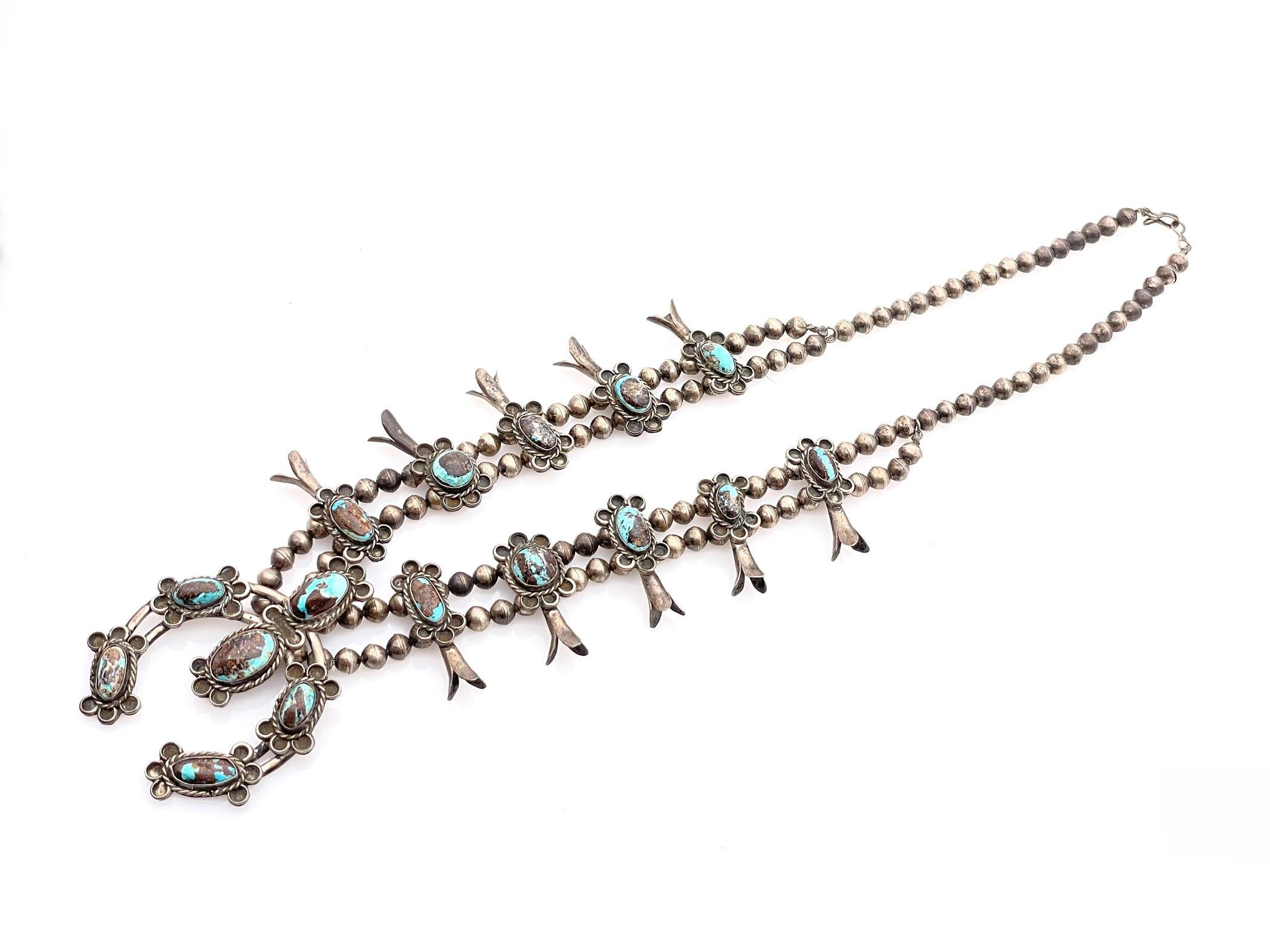 VINTAGE NATIVE AMERICAN STERLING SILVER TURQUOISE SQUASH BLOSSOM NECKLACE