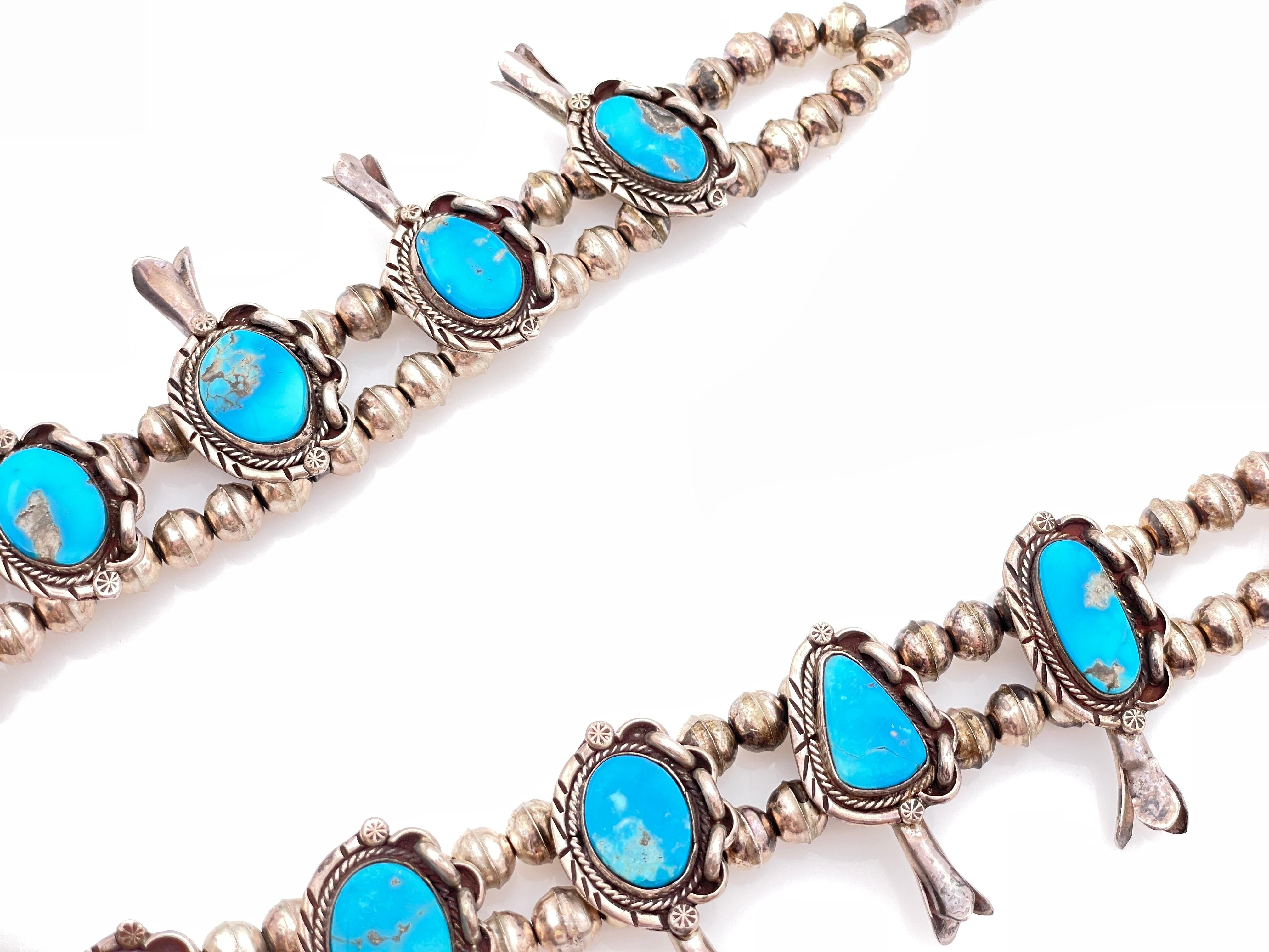 NATIVE AMERICAN STERLING SILVER TURQUOISE SQUASH BLOSSOM NECKLACE