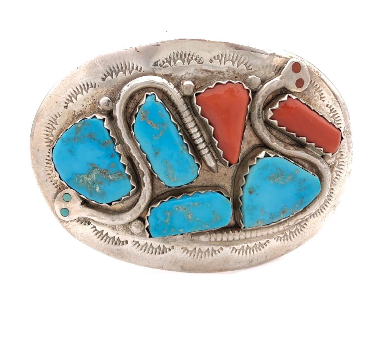 EFFIE CALAVAZA ZUNI STERLING SILVER TURQUOISE CORAL SNAKE BELT BUCKLE