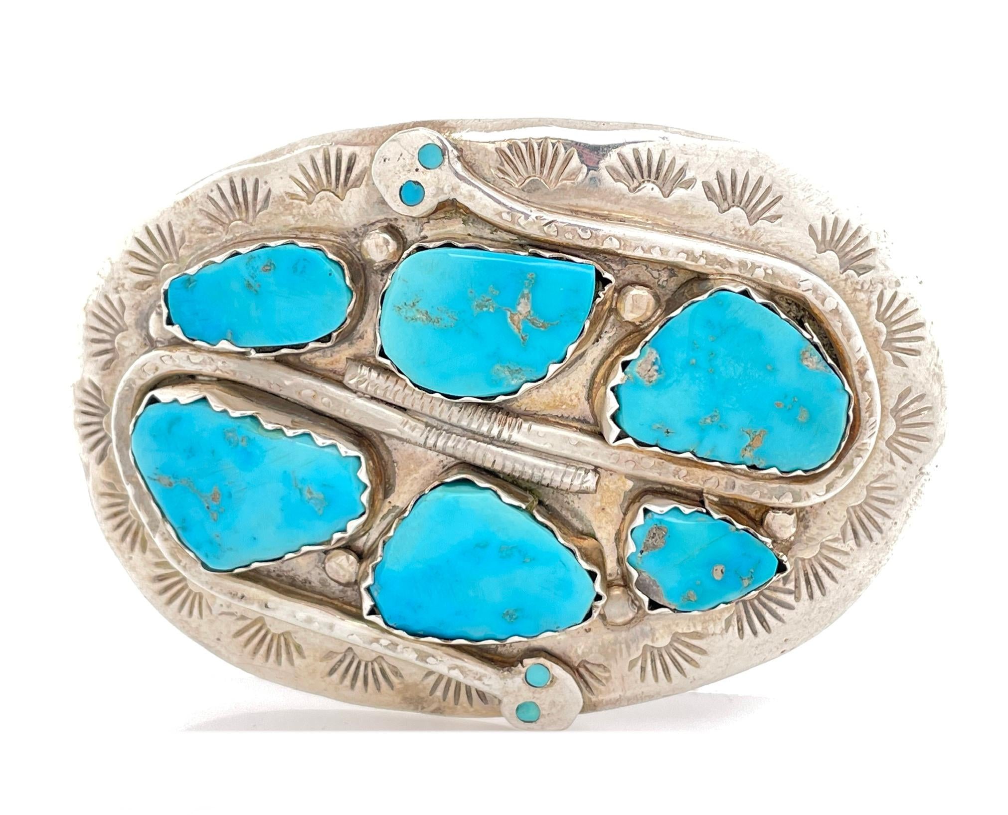 EFFIE CALAVAZA ZUNI STERLING SILVER TURQUOISE SNAKE BELT BUCKLE