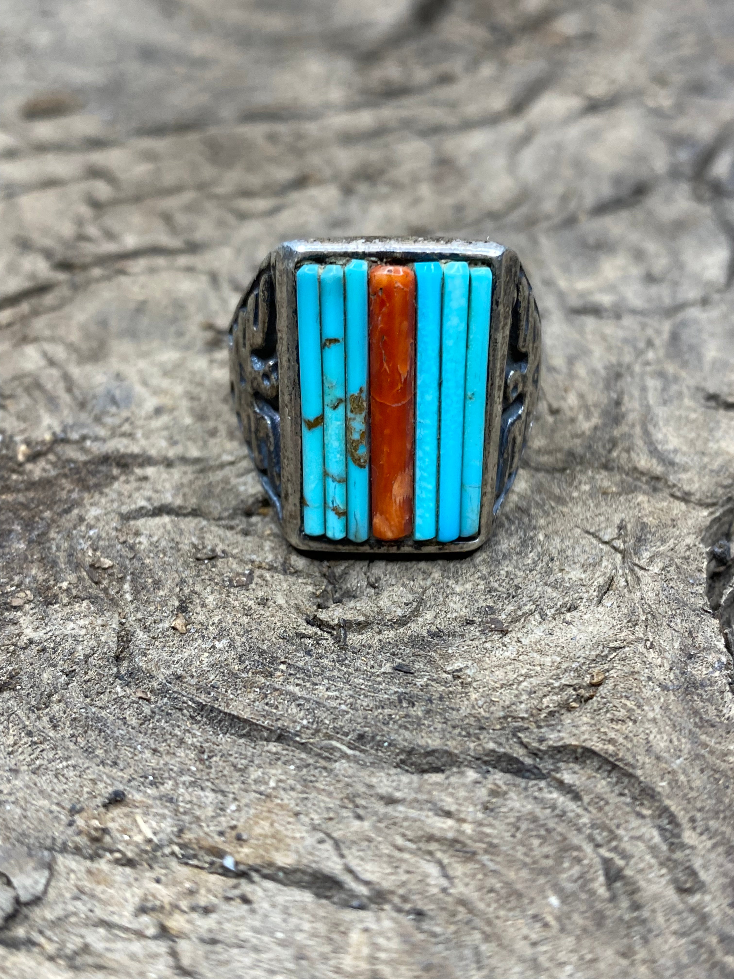 Vintage Turquoise and Red Coral Silver Men's Ring - Size 11.5