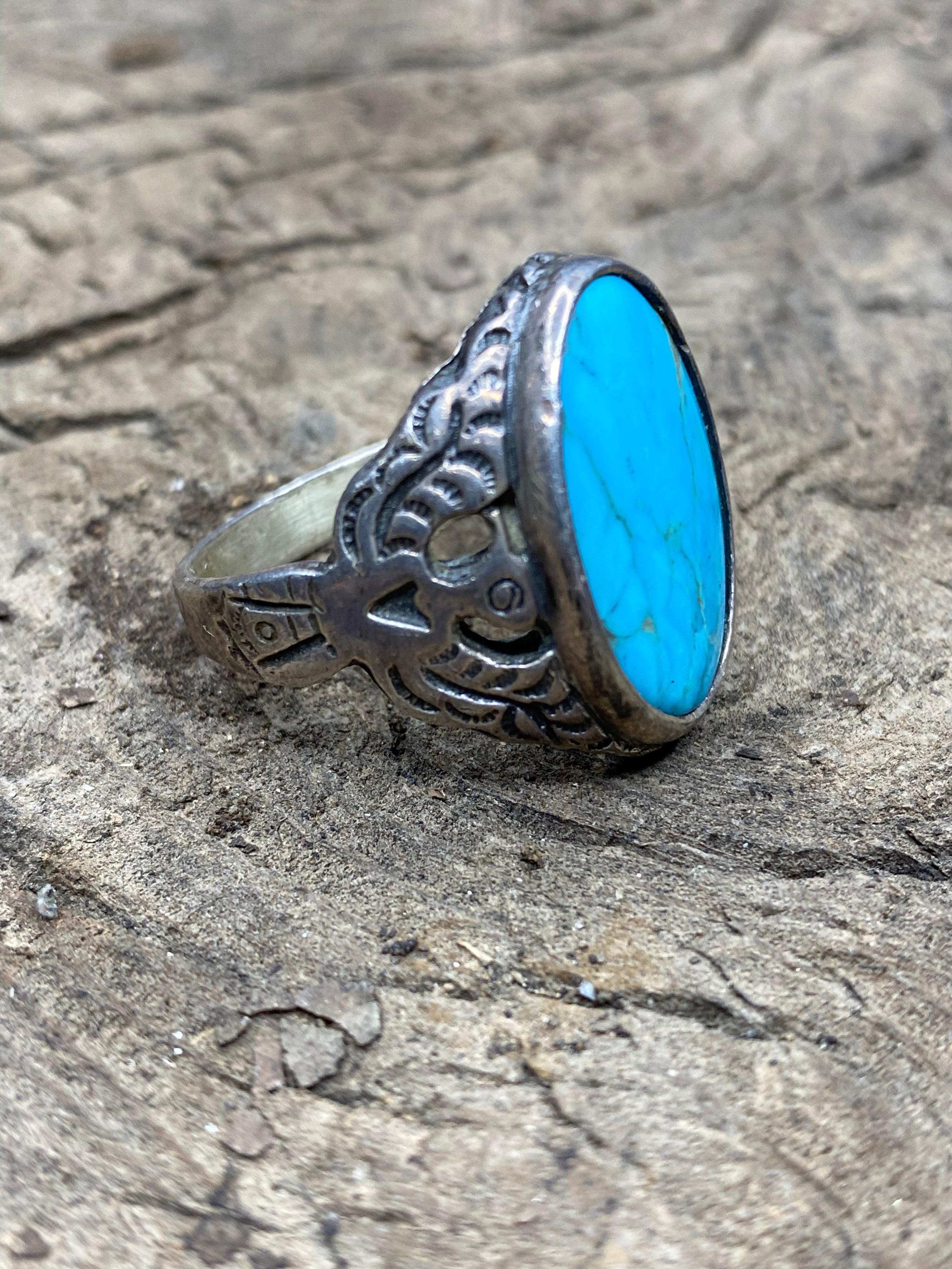 Vintage Turquoise Silver Men's Ring - Size 12