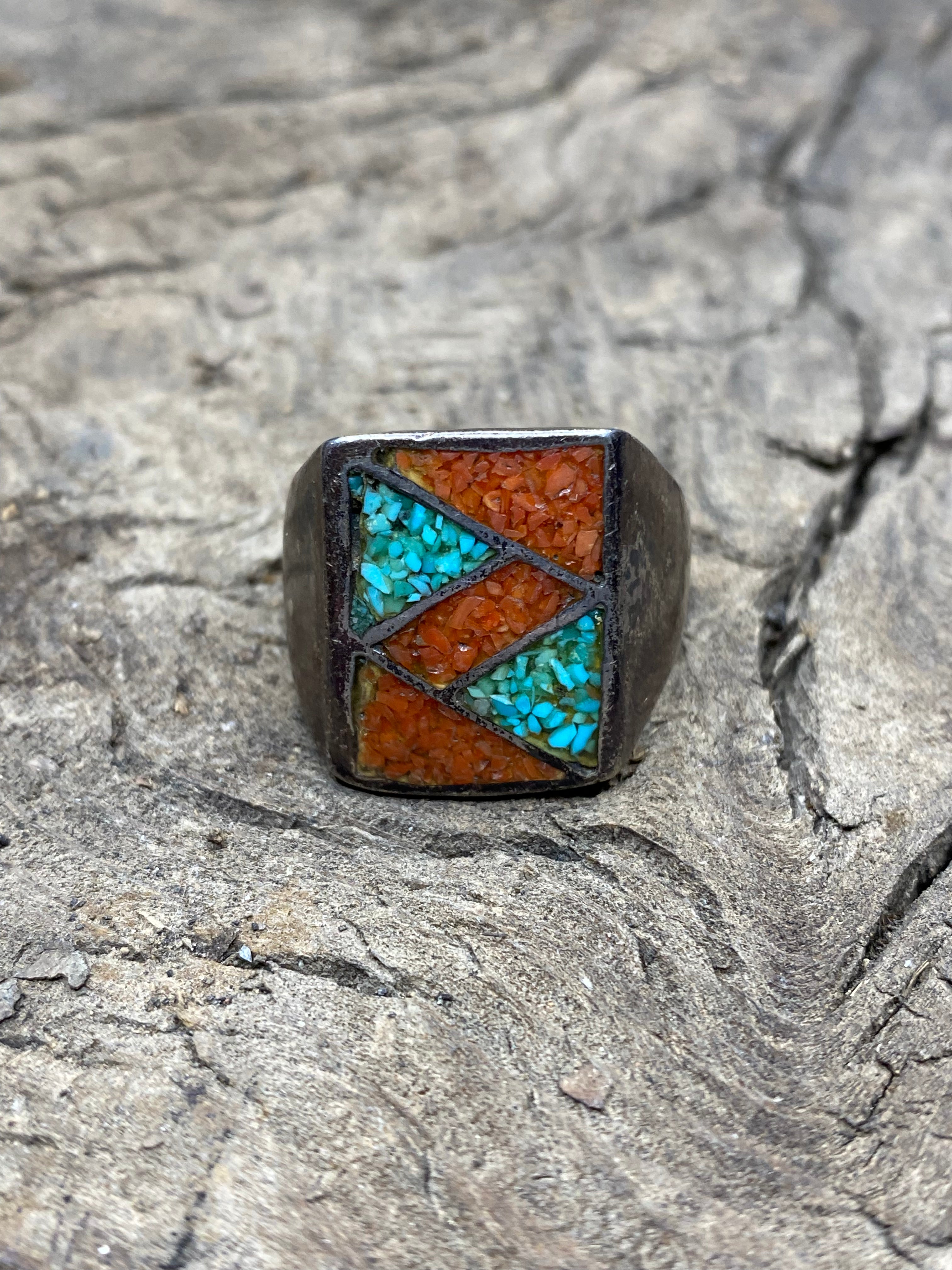 Vintage Turquoise and Red Coral Silver Men's Ring - Size 10