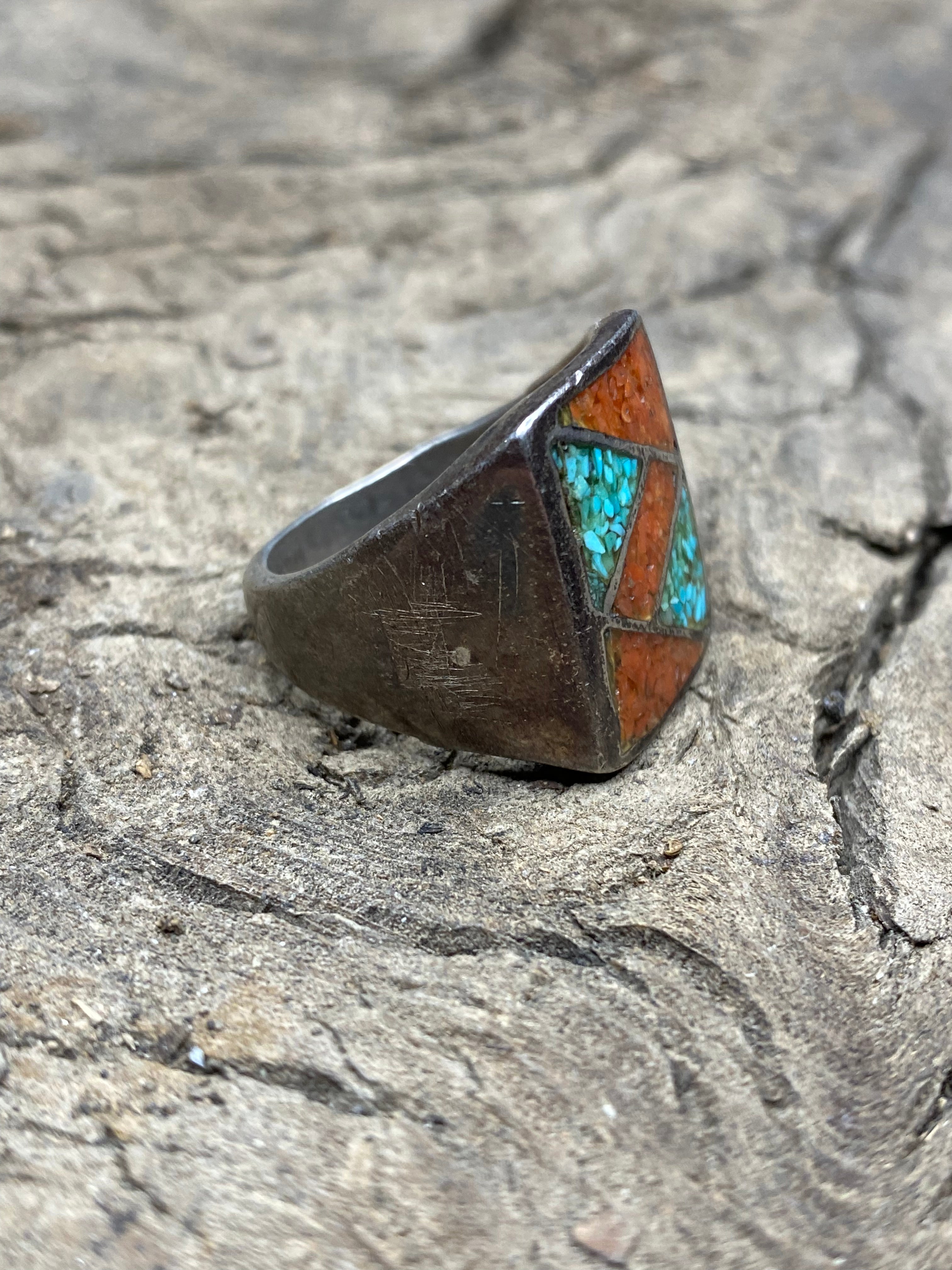 Vintage Turquoise and Red Coral Silver Men's Ring - Size 10