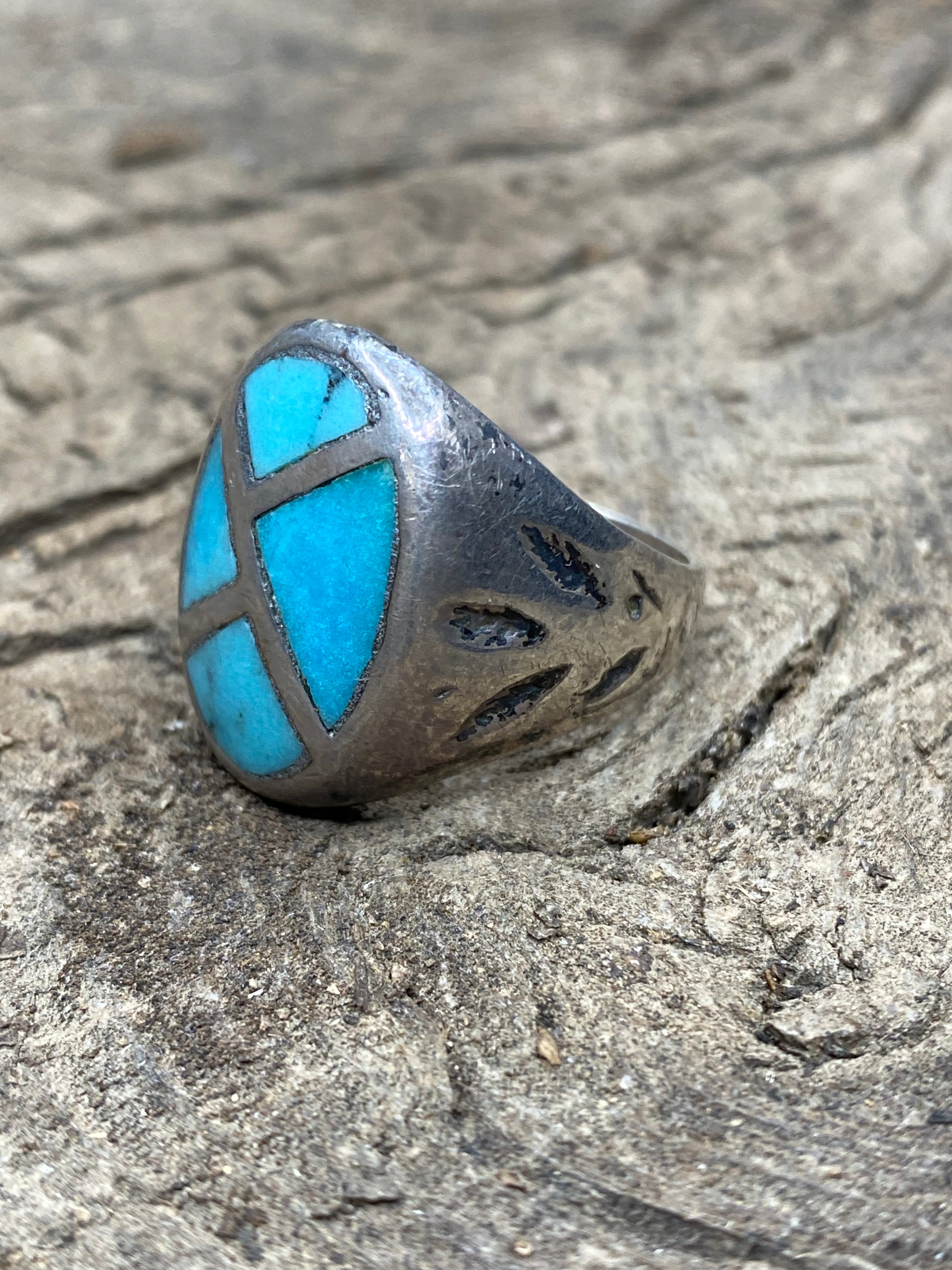 Vintage Turquoise Silver Inlay Men's Ring - Size 8