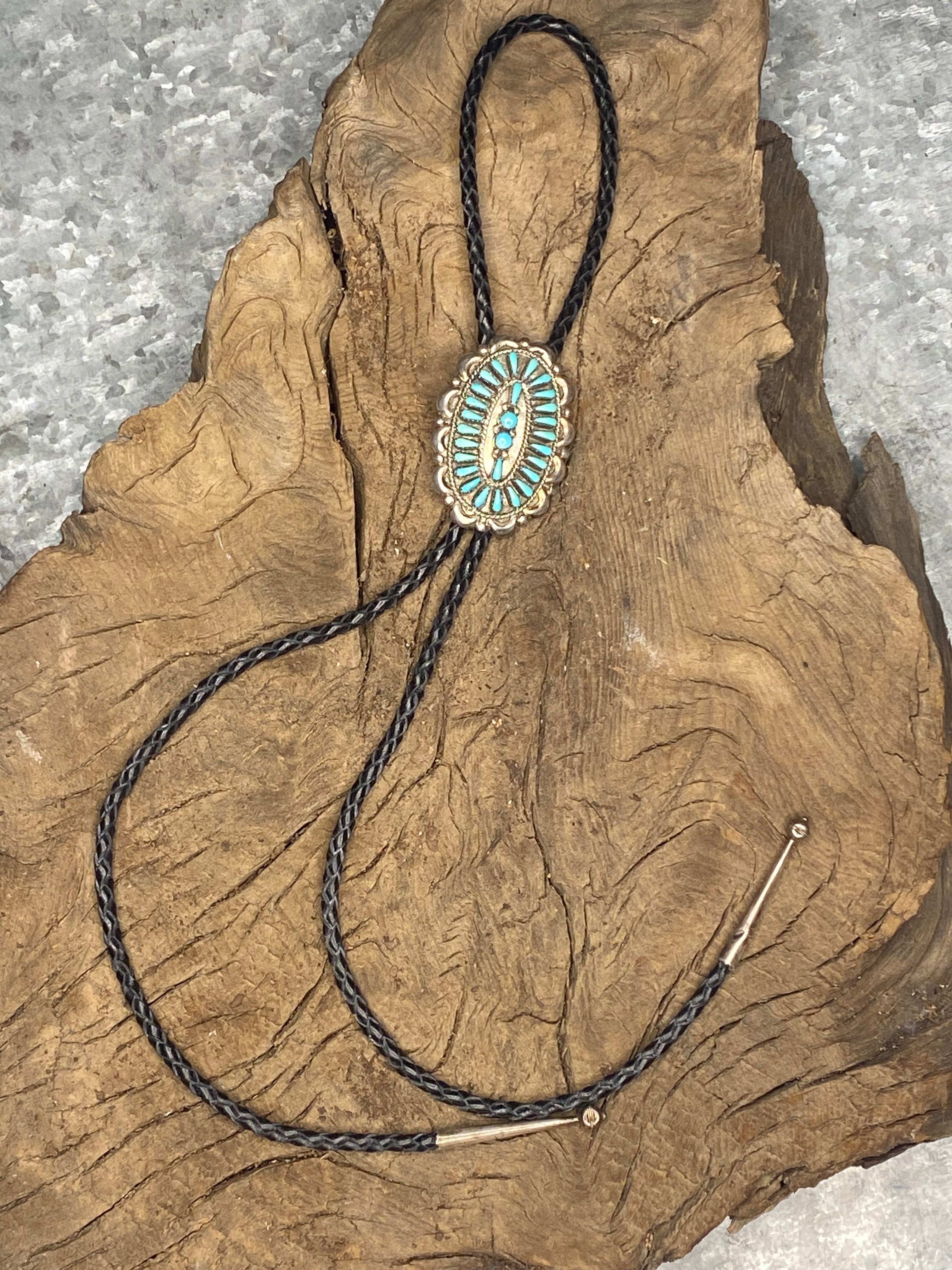 Vintage Turquoise Silver Zuni Needlepoint Bolo Tie