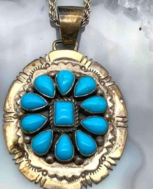 Navajo B. Johnson Sleeping Beauty Turquoise Sterling Cluster Pendant & Necklace